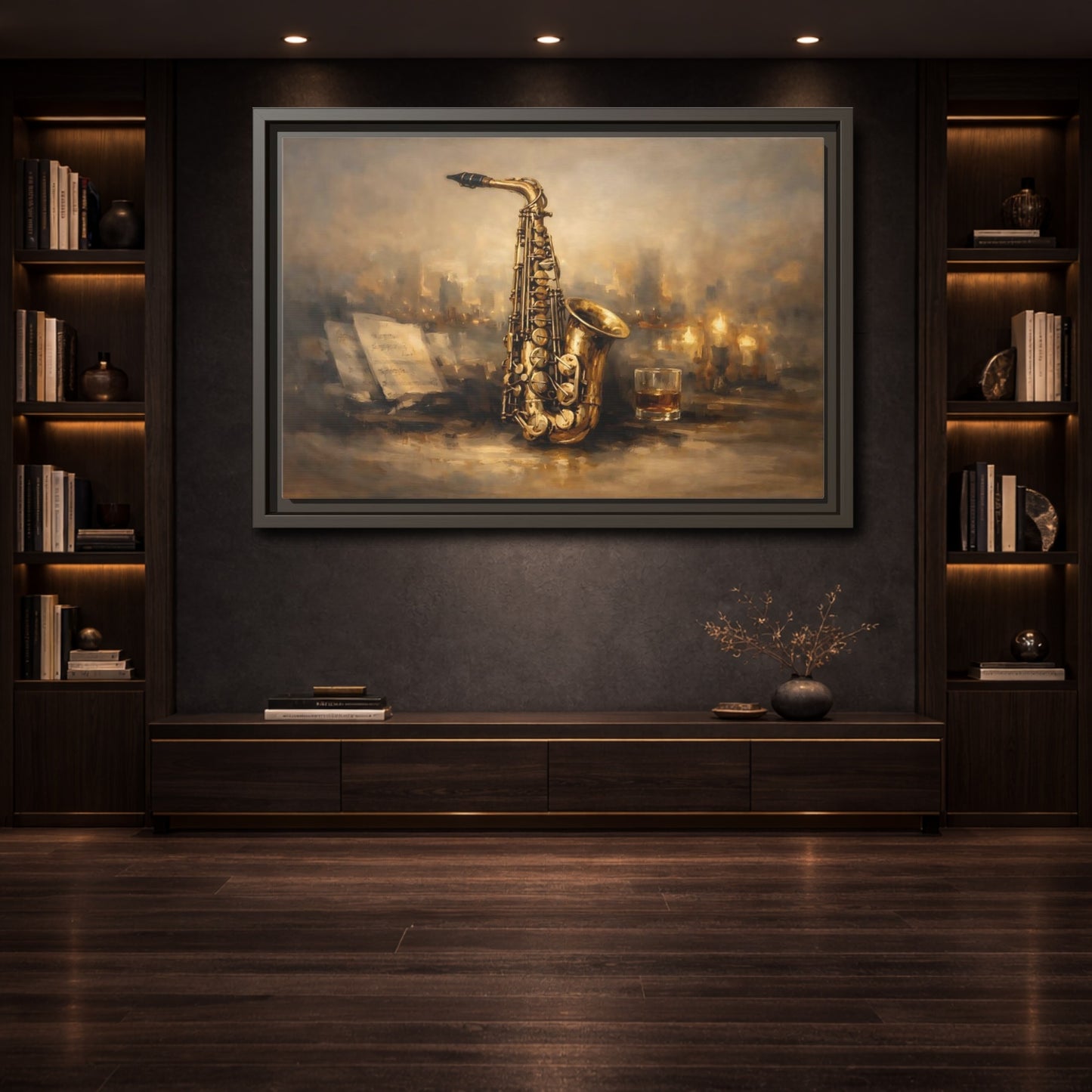 Mockup 3. Vintage Saxophone Brown And Gold shown as stretched canvas wall art