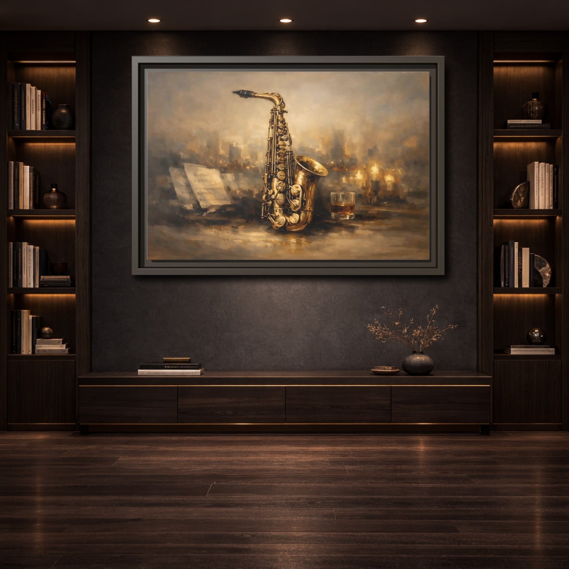 Mockup 3. Vintage Saxophone Brown And Gold shown as stretched canvas wall art