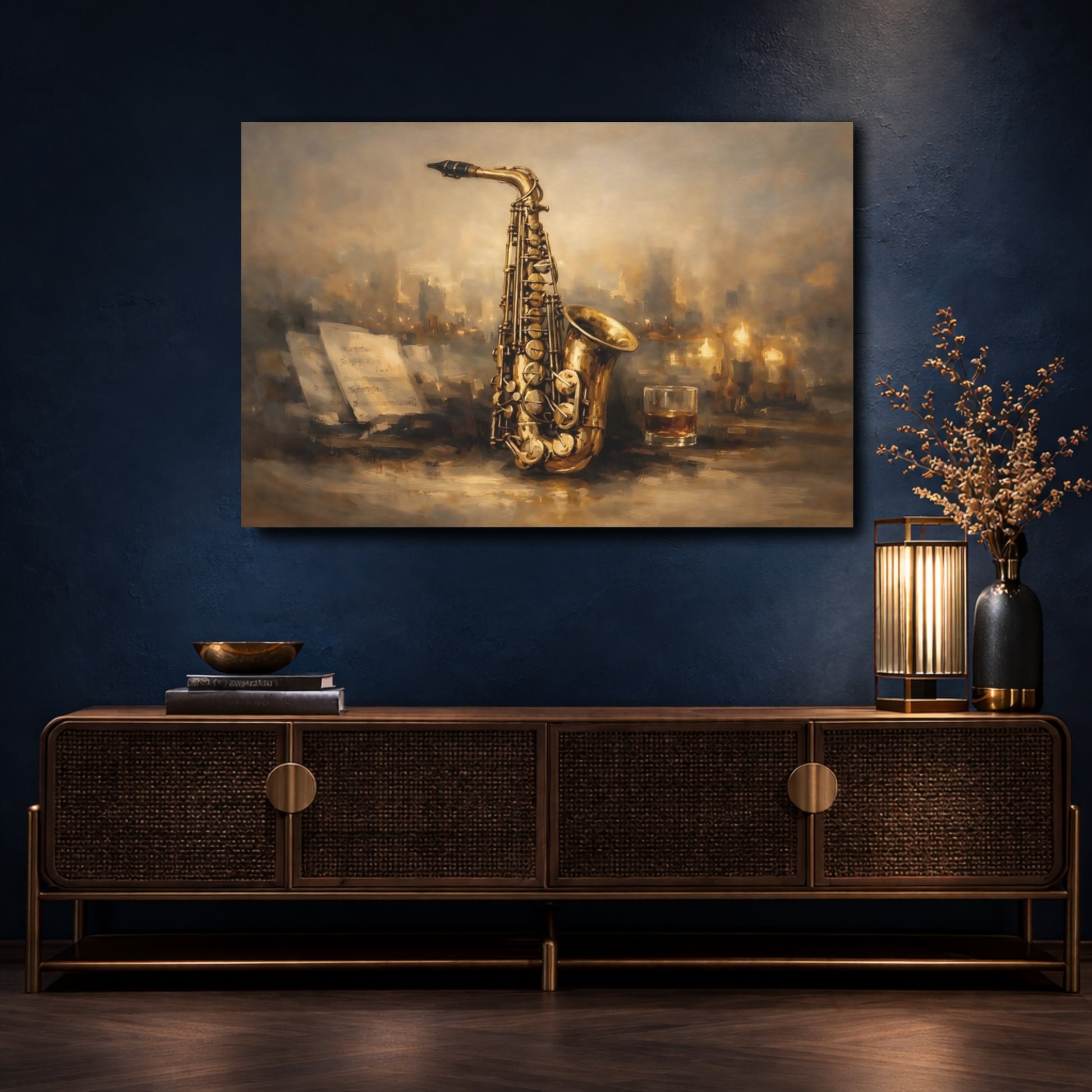 Mockup 4. Vintage Saxophone Brown And Gold shown as stretched canvas wall art