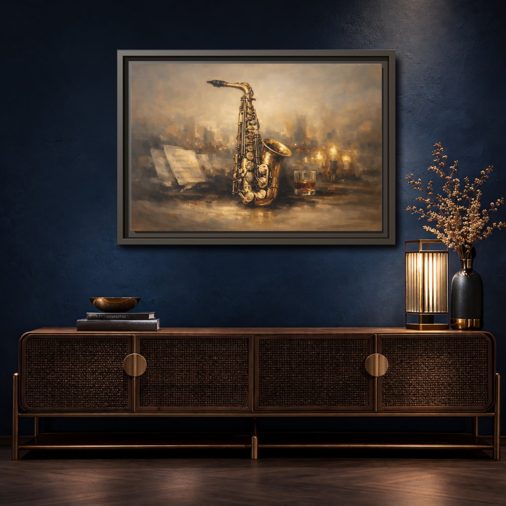 Mockup 4. Vintage Saxophone Brown And Gold shown as stretched canvas wall art