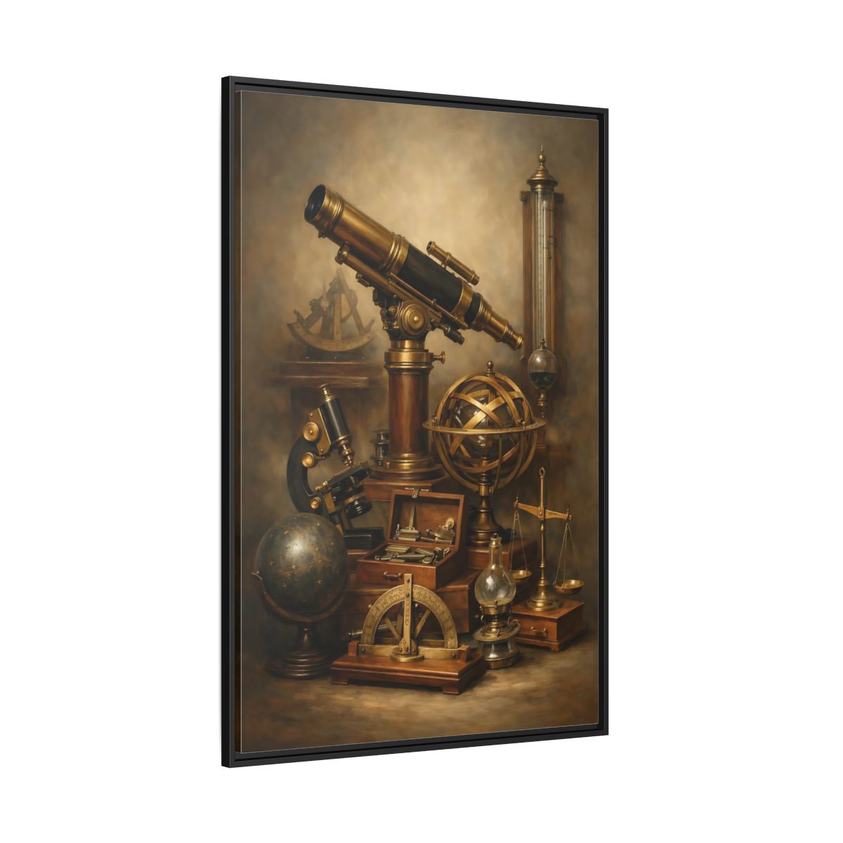 Main Mockup. Vintage Scientific Instruments Brown And Gold shown as stretched canvas wall art