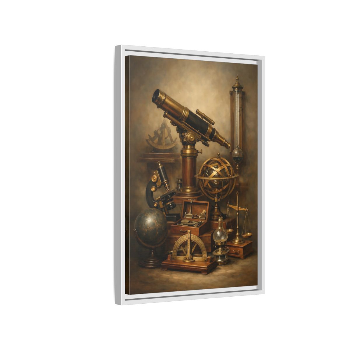 Side Mockup 1. Vintage Scientific Instruments Brown And Gold shown as stretched canvas wall art