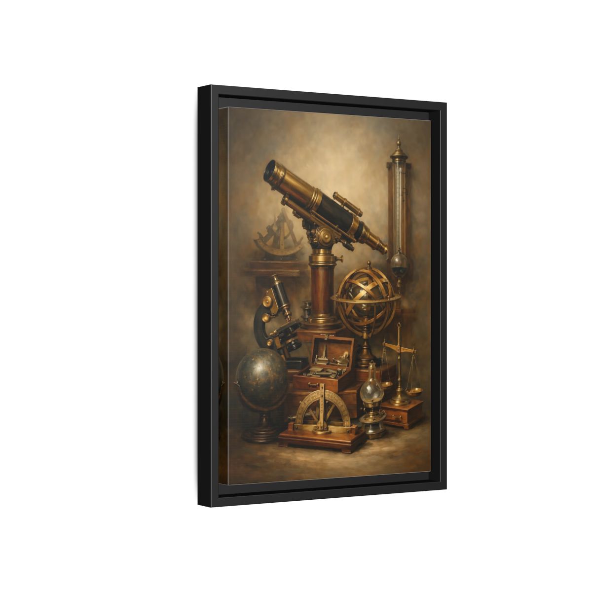 Side Mockup 6. Vintage Scientific Instruments Brown And Gold shown as stretched canvas wall art