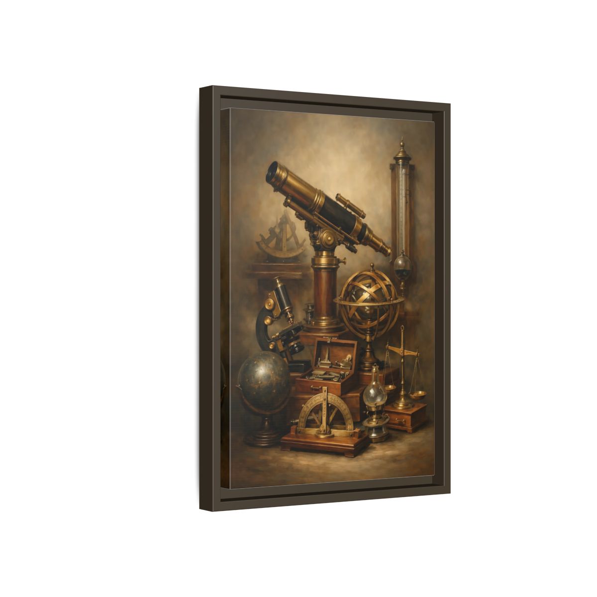 Side Mockup 5. Vintage Scientific Instruments Brown And Gold shown as stretched canvas wall art
