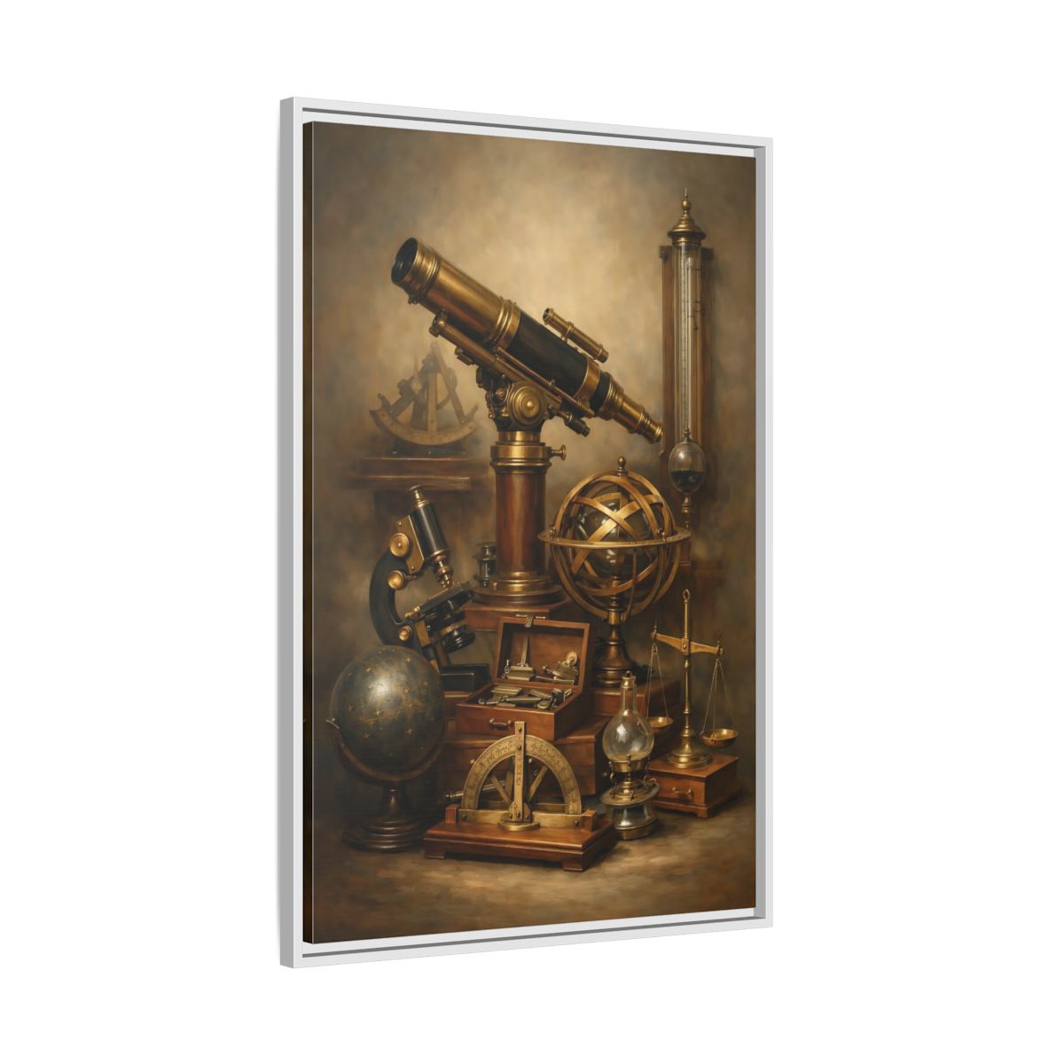 Side Mockup 9. Vintage Scientific Instruments Brown And Gold shown as stretched canvas wall art