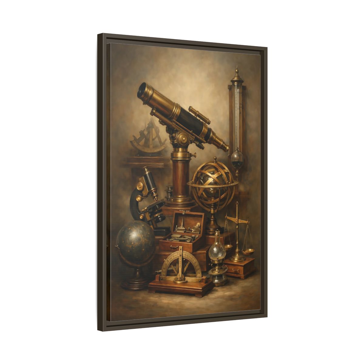 Side Mockup 12. Vintage Scientific Instruments Brown And Gold shown as stretched canvas wall art