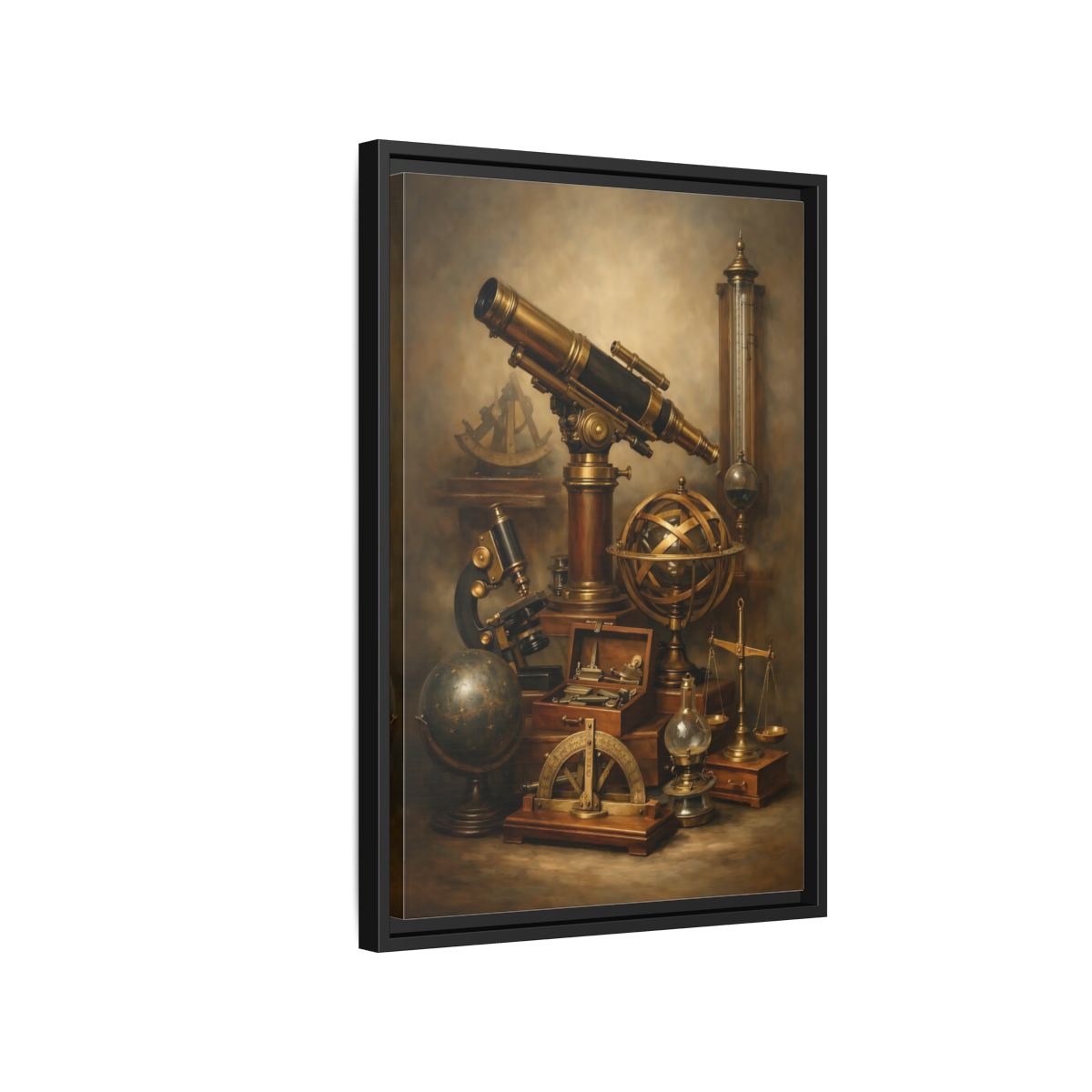 Side Mockup 3. Vintage Scientific Instruments Brown And Gold shown as stretched canvas wall art
