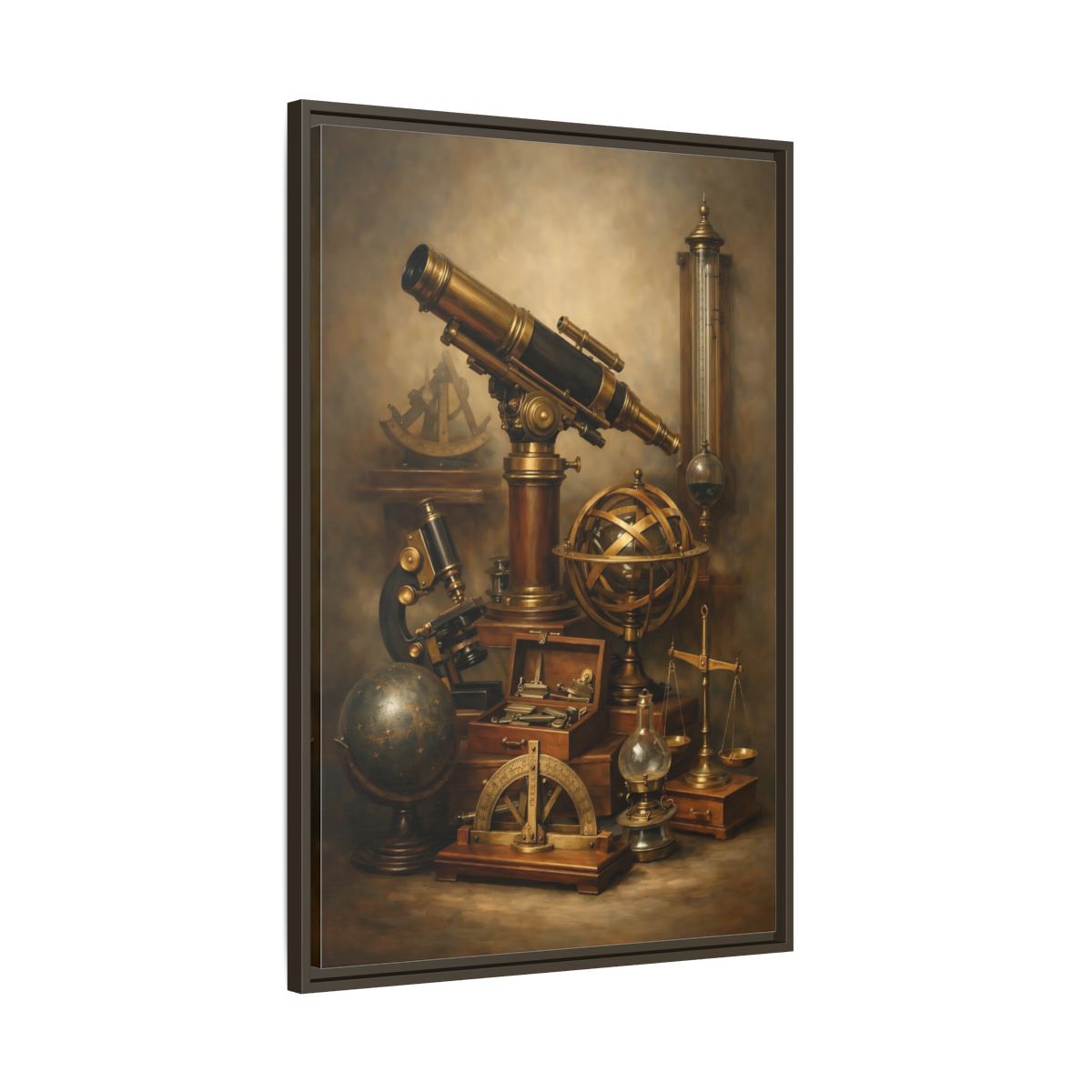 Side Mockup 10. Vintage Scientific Instruments Brown And Gold shown as stretched canvas wall art