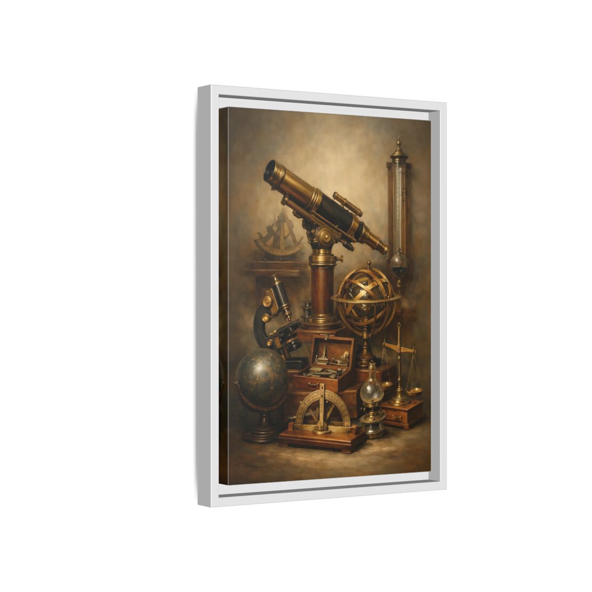 Side Mockup 4. Vintage Scientific Instruments Brown And Gold shown as stretched canvas wall art
