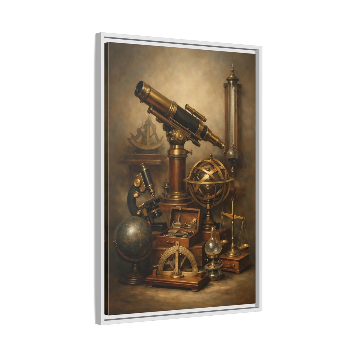 Side Mockup 11. Vintage Scientific Instruments Brown And Gold shown as stretched canvas wall art
