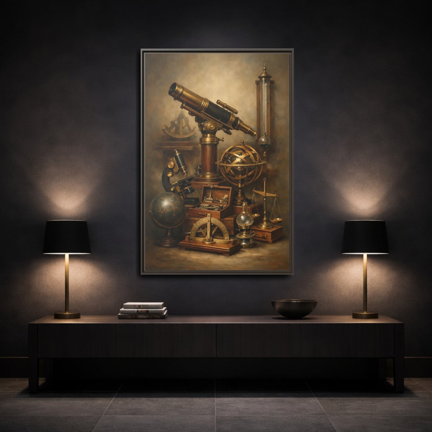 Mockup 2. Vintage Scientific Instruments Brown And Gold shown as stretched canvas wall art