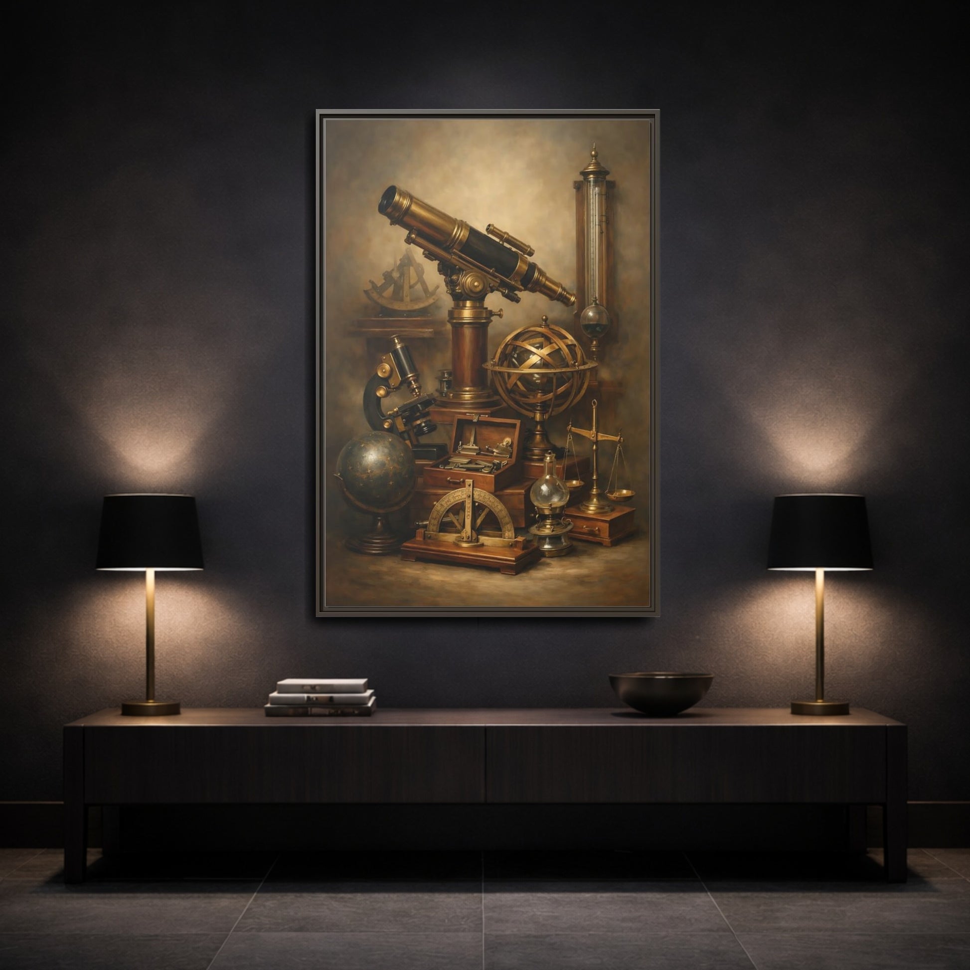 Mockup 2. Vintage Scientific Instruments Brown And Gold shown as stretched canvas wall art