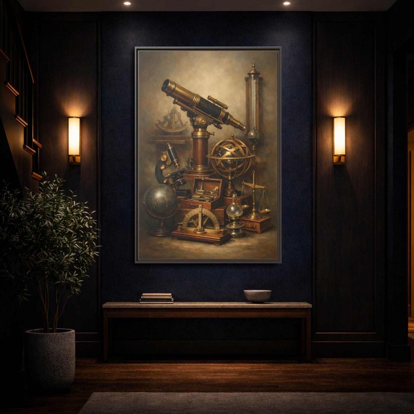 Mockup 3. Vintage Scientific Instruments Brown And Gold shown as stretched canvas wall art