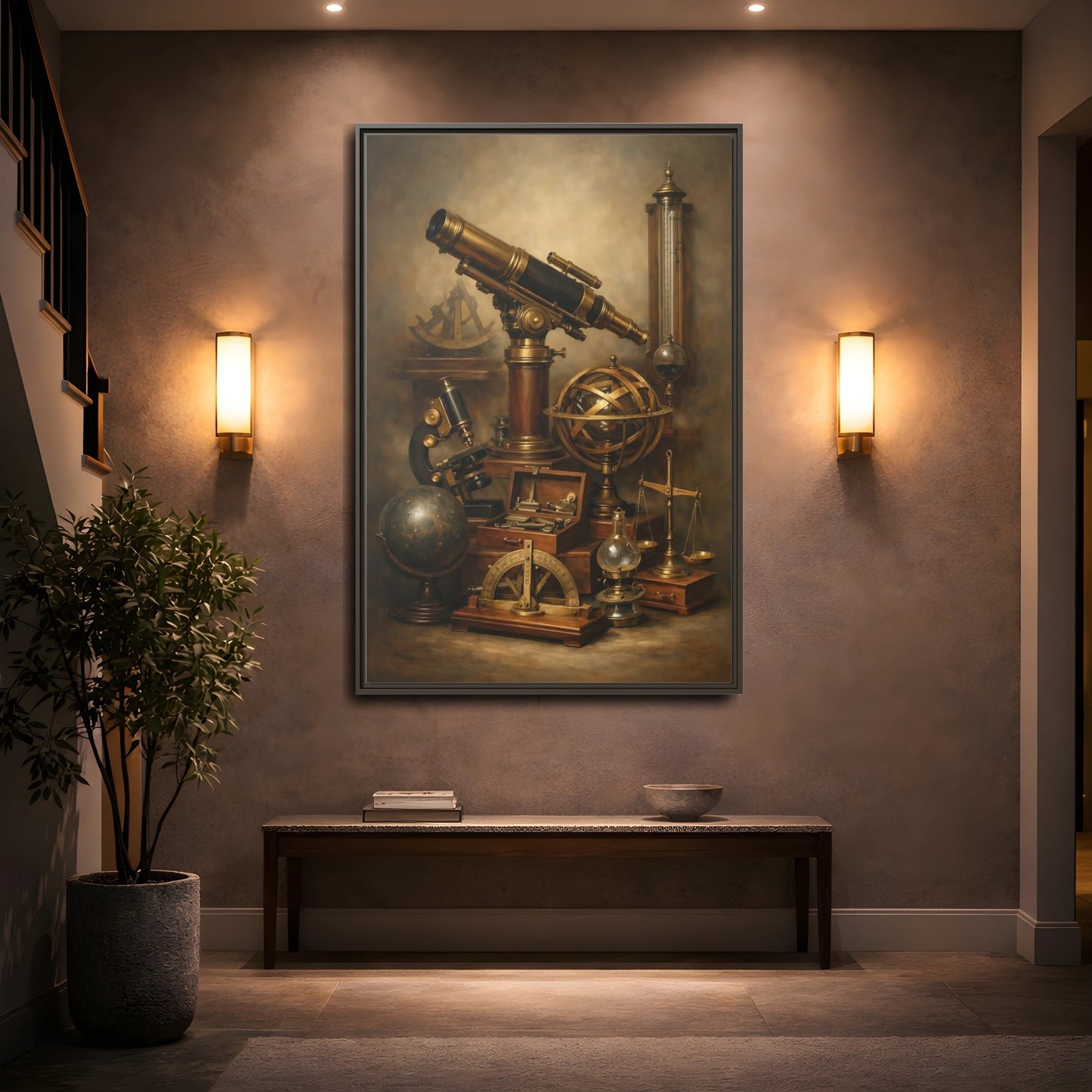 Mockup 4. Vintage Scientific Instruments Brown And Gold shown as stretched canvas wall art