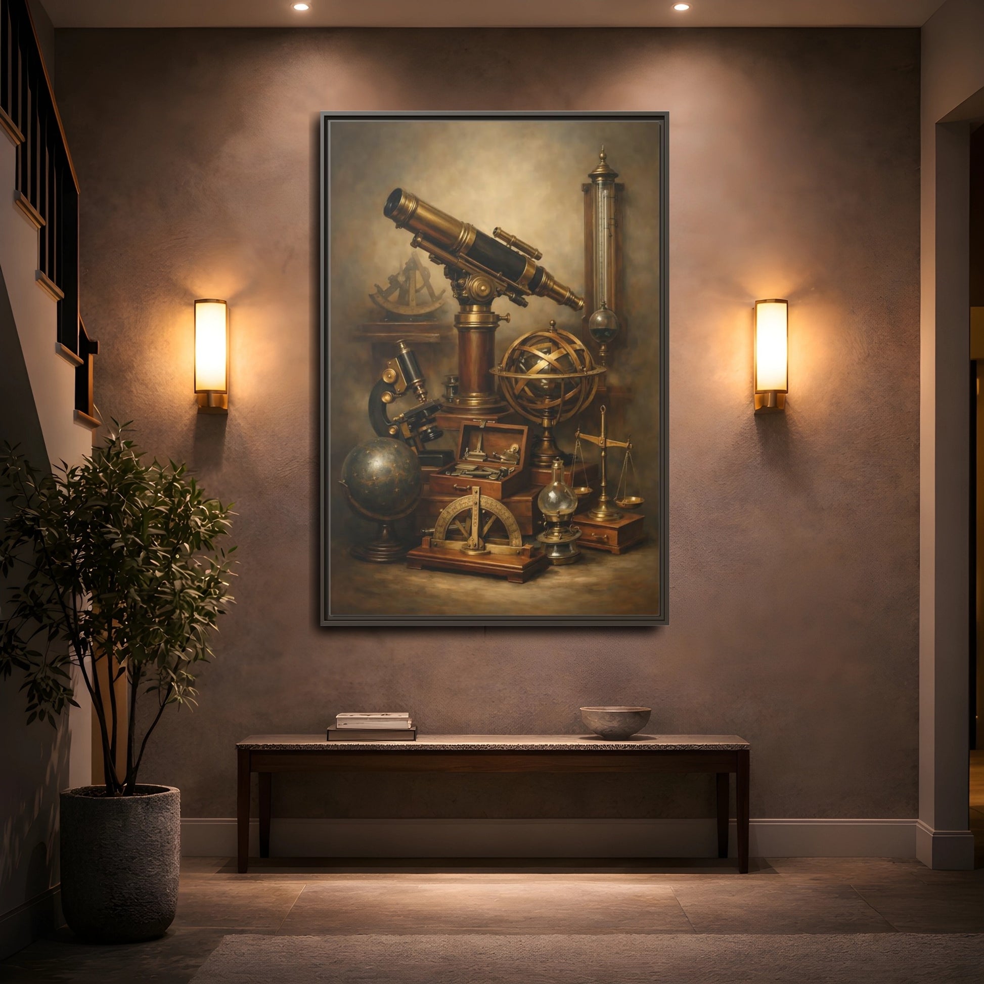 Mockup 4. Vintage Scientific Instruments Brown And Gold shown as stretched canvas wall art