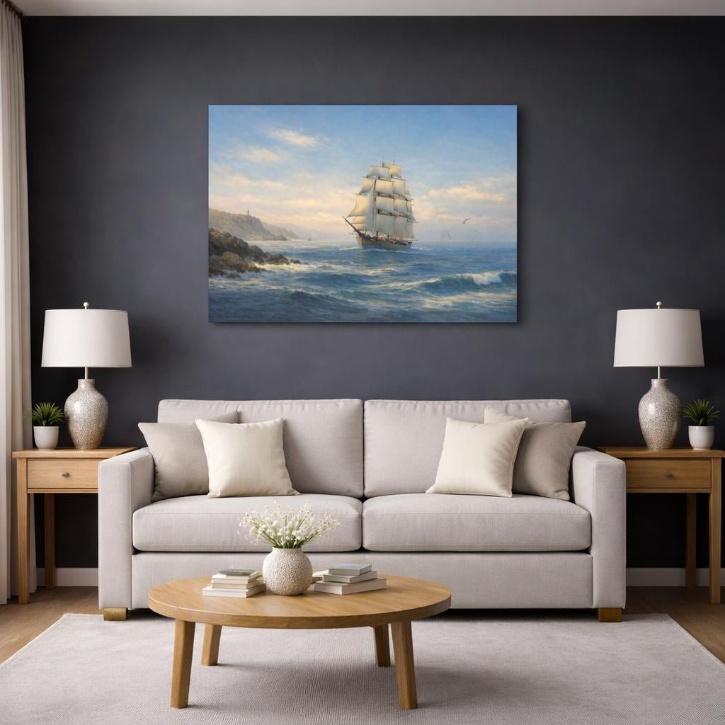 Vintage Seascape Blue Tall Ship Nature - Canvas Wall Art Print - YesArtYes