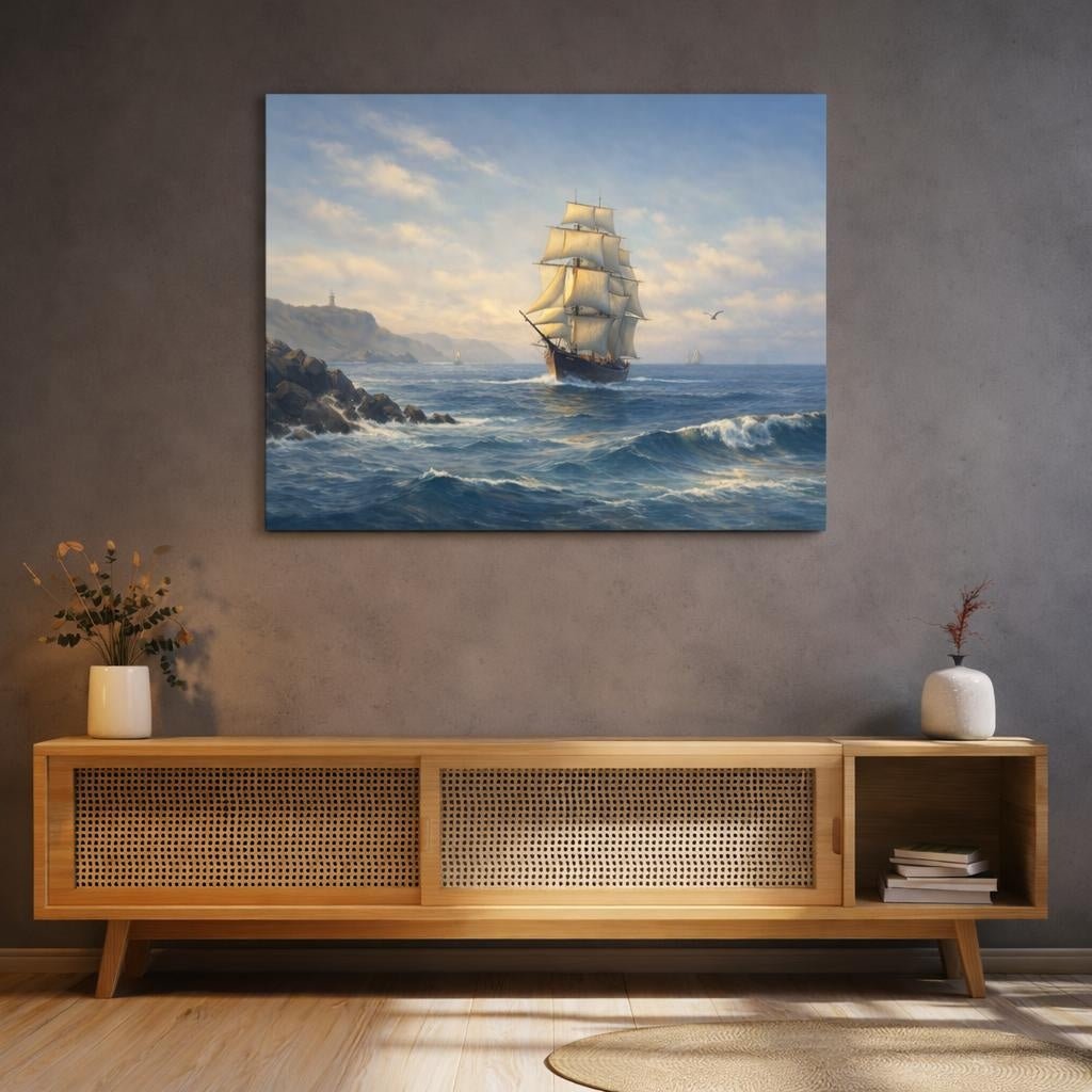 Vintage Seascape Blue Tall Ship Nature - Canvas Wall Art Print - YesArtYes