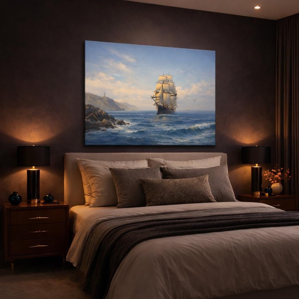 Vintage Seascape Blue Tall Ship Nature - Canvas Wall Art Print - YesArtYes