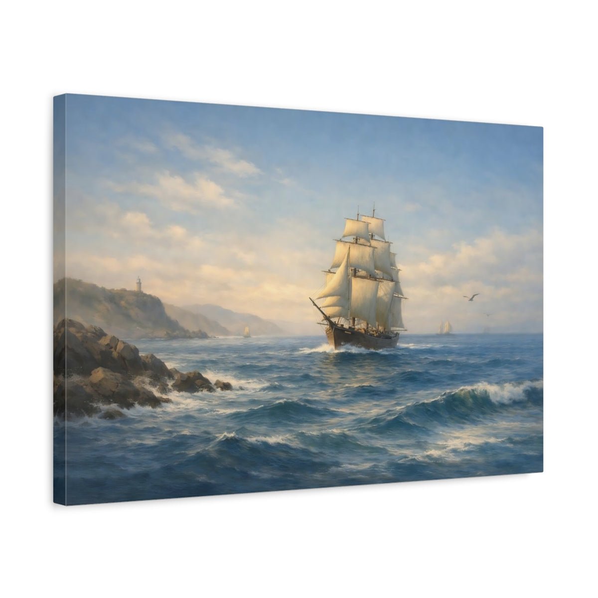Vintage Seascape Blue Tall Ship Nature - Canvas Wall Art Print - YesArtYes