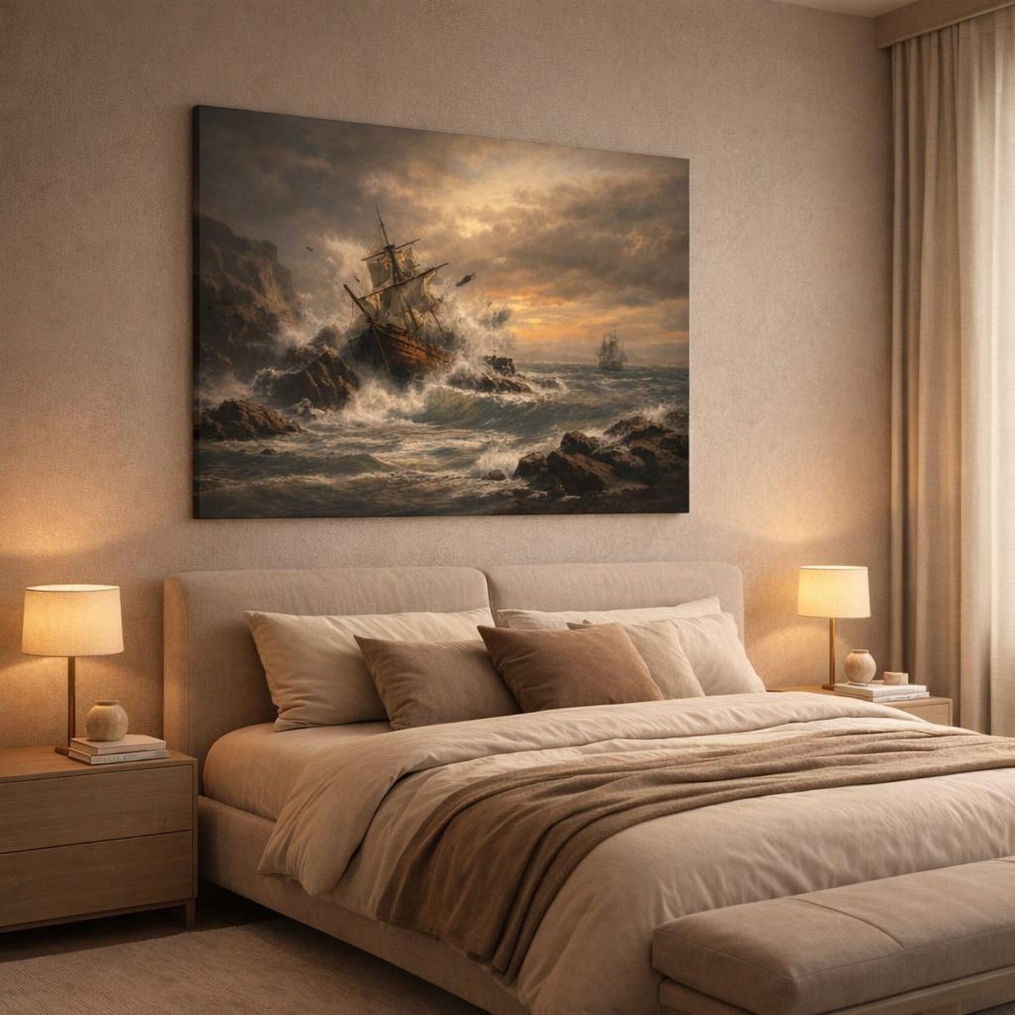 Vintage Seascape Earth Tones shown as canvas wall art in a luxury bedroom