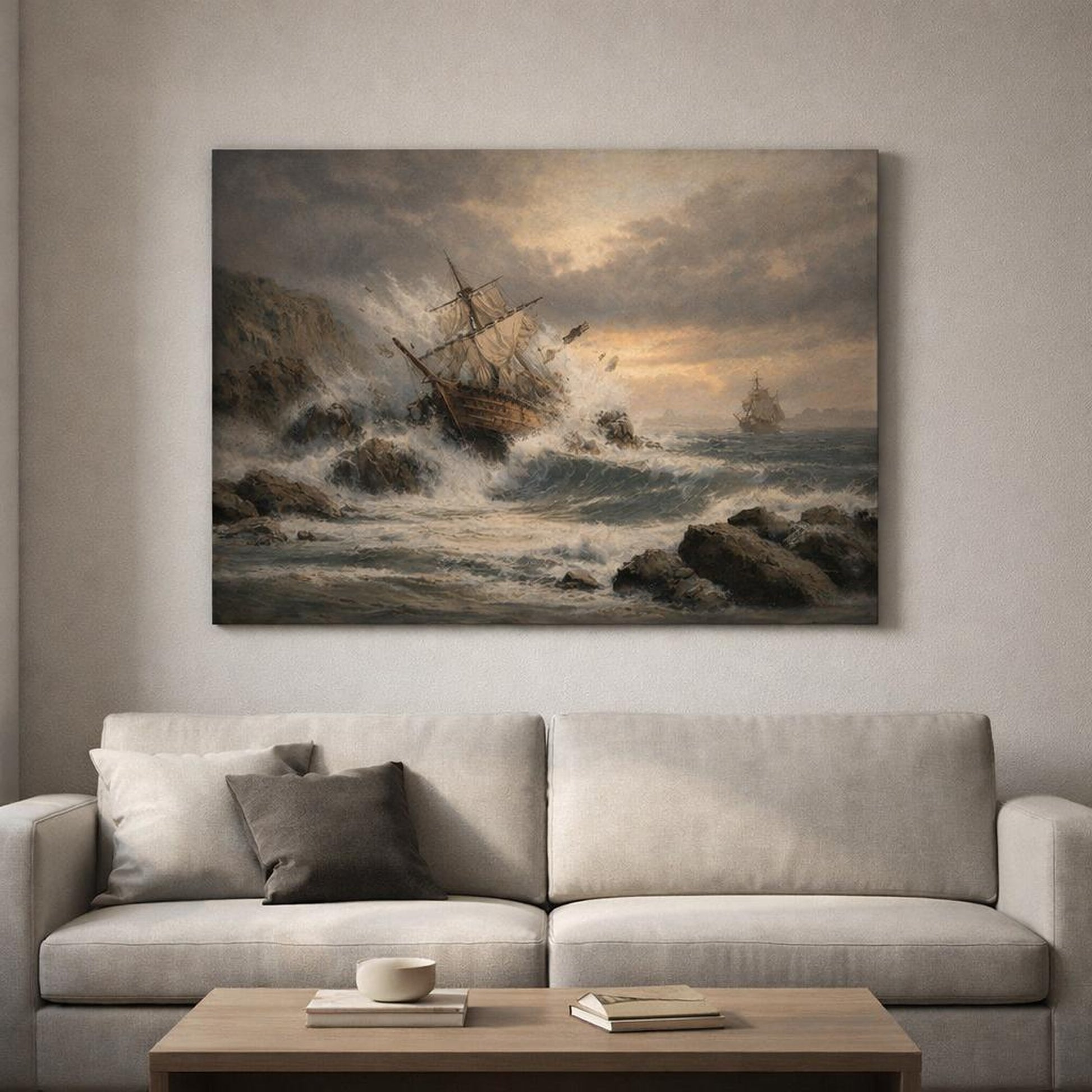 Vintage Seascape Earth Tones shown as canvas wall art in a refined dining room