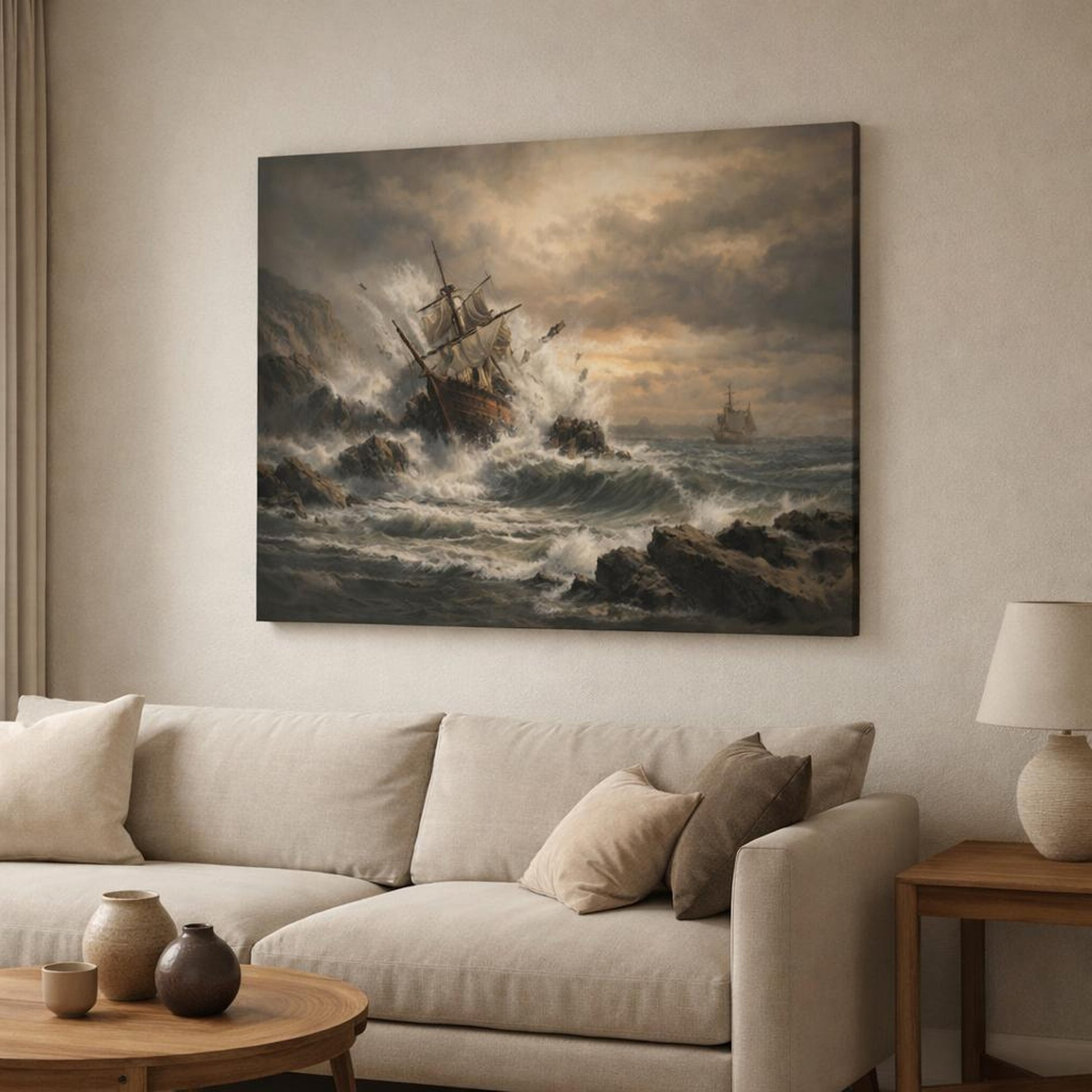 Vintage Seascape Earth Tones shown as canvas wall art in a modern living room