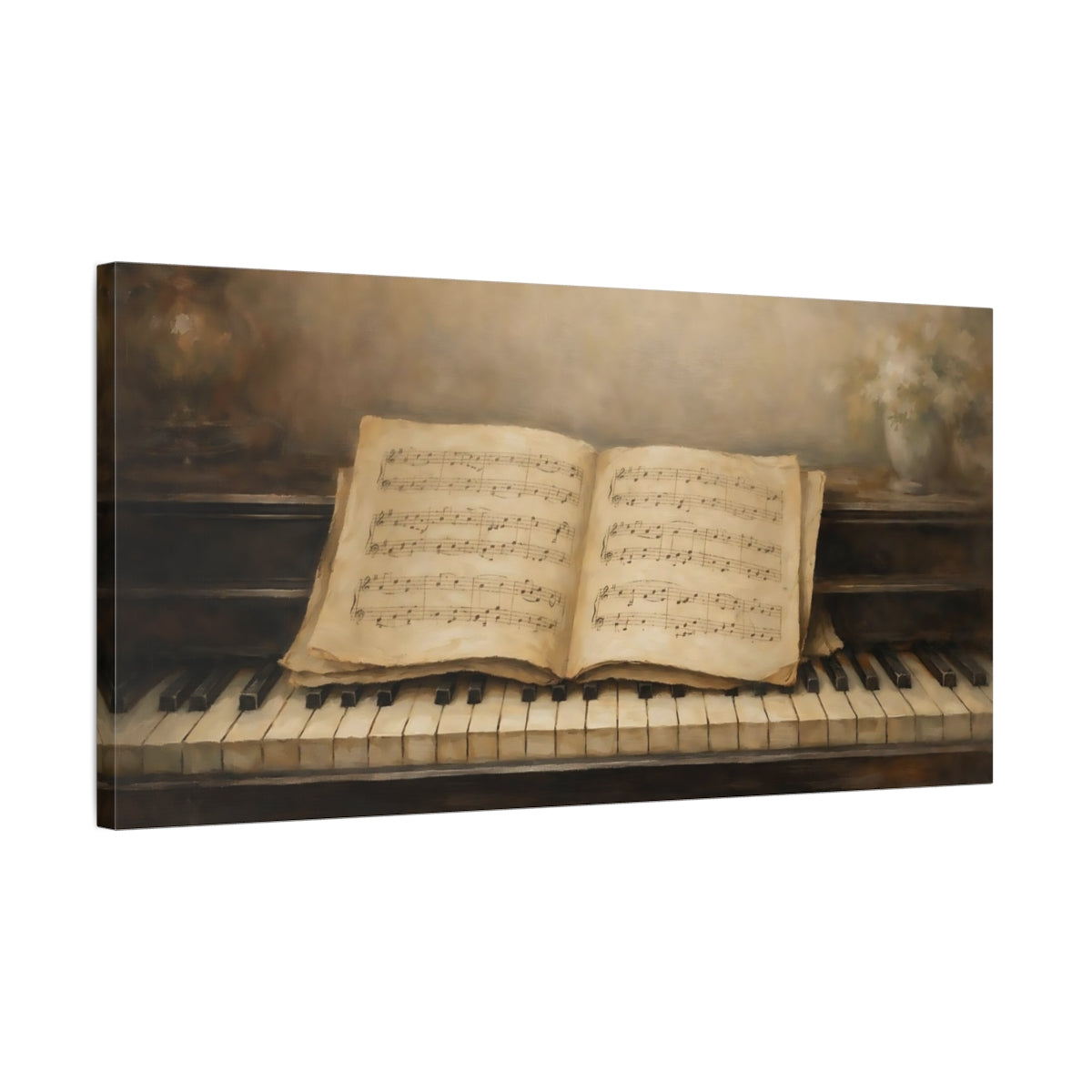 Side Mockup 2. Vintage Sheet Music Brown And Beige Music shown as stretched canvas wall art