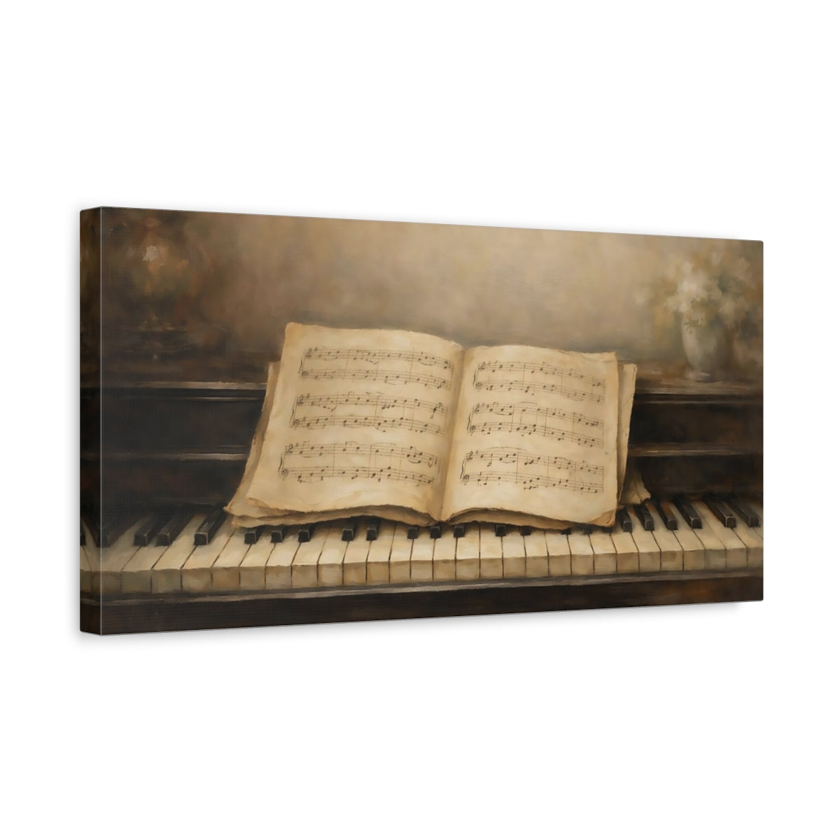 Side Mockup 3. Vintage Sheet Music Brown And Beige Music shown as stretched canvas wall art