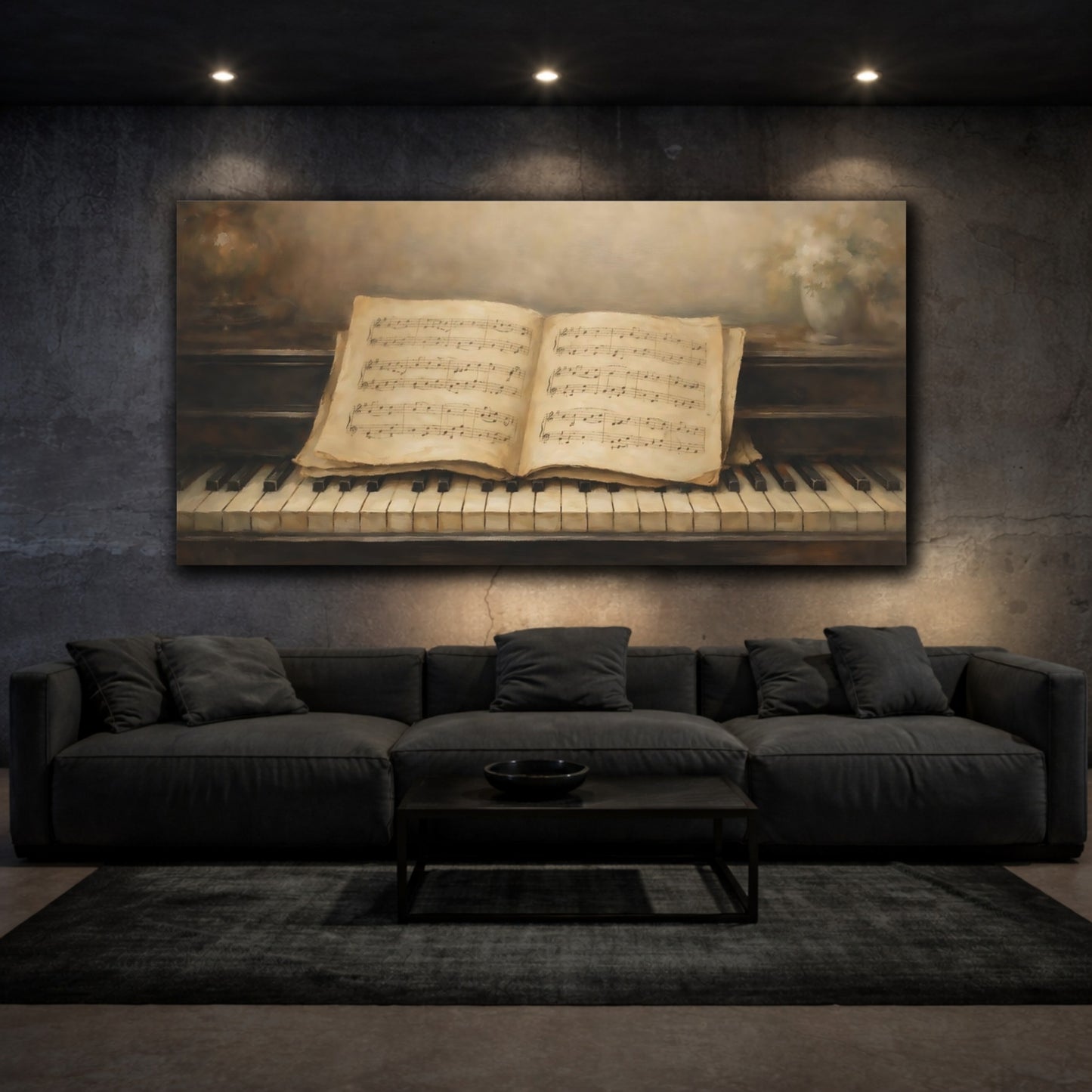 Mockup 2. Vintage Sheet Music Brown And Beige Music shown as stretched canvas wall art