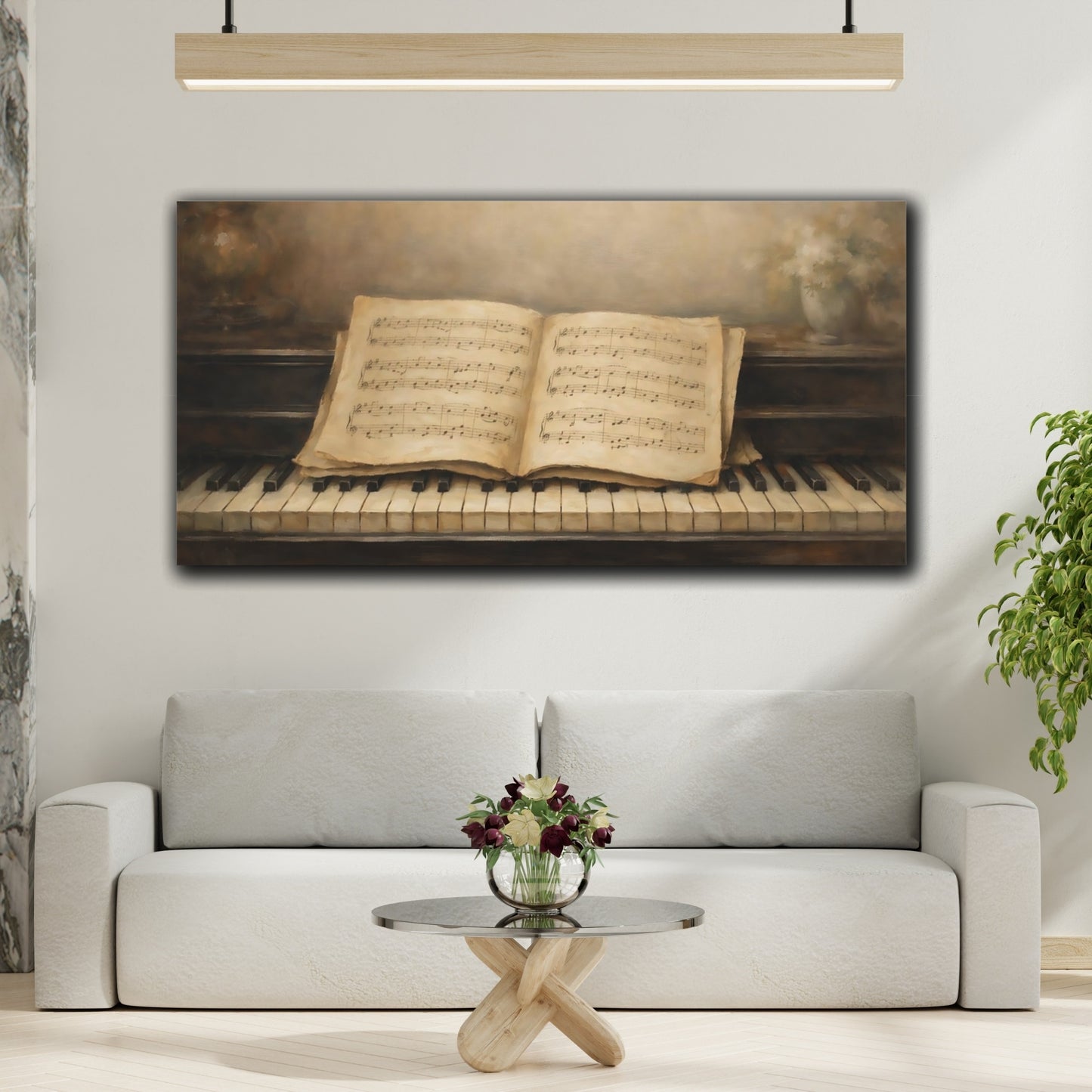 Mockup 3. Vintage Sheet Music Brown And Beige Music shown as stretched canvas wall art