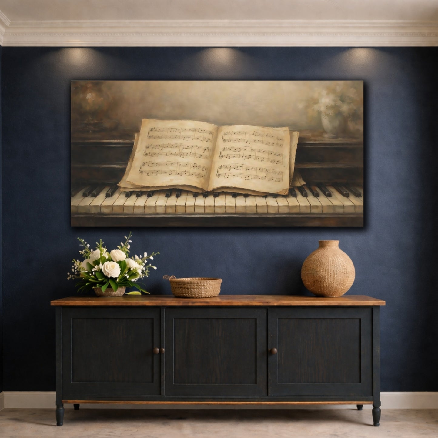 Mockup 4. Vintage Sheet Music Brown And Beige Music shown as stretched canvas wall art