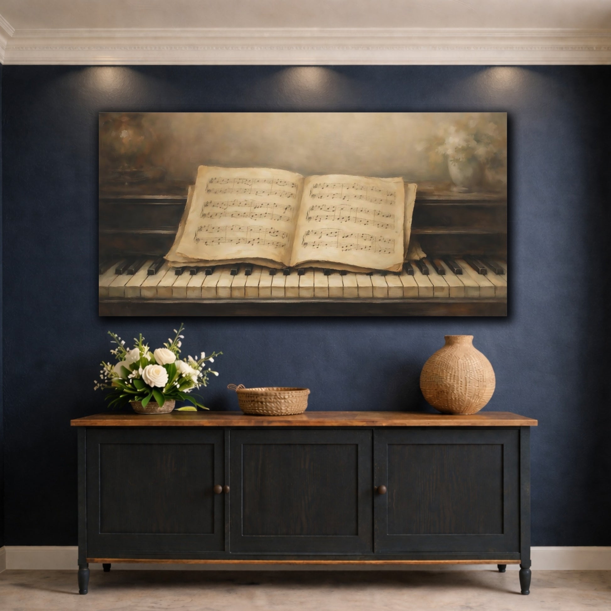 Mockup 4. Vintage Sheet Music Brown And Beige Music shown as stretched canvas wall art