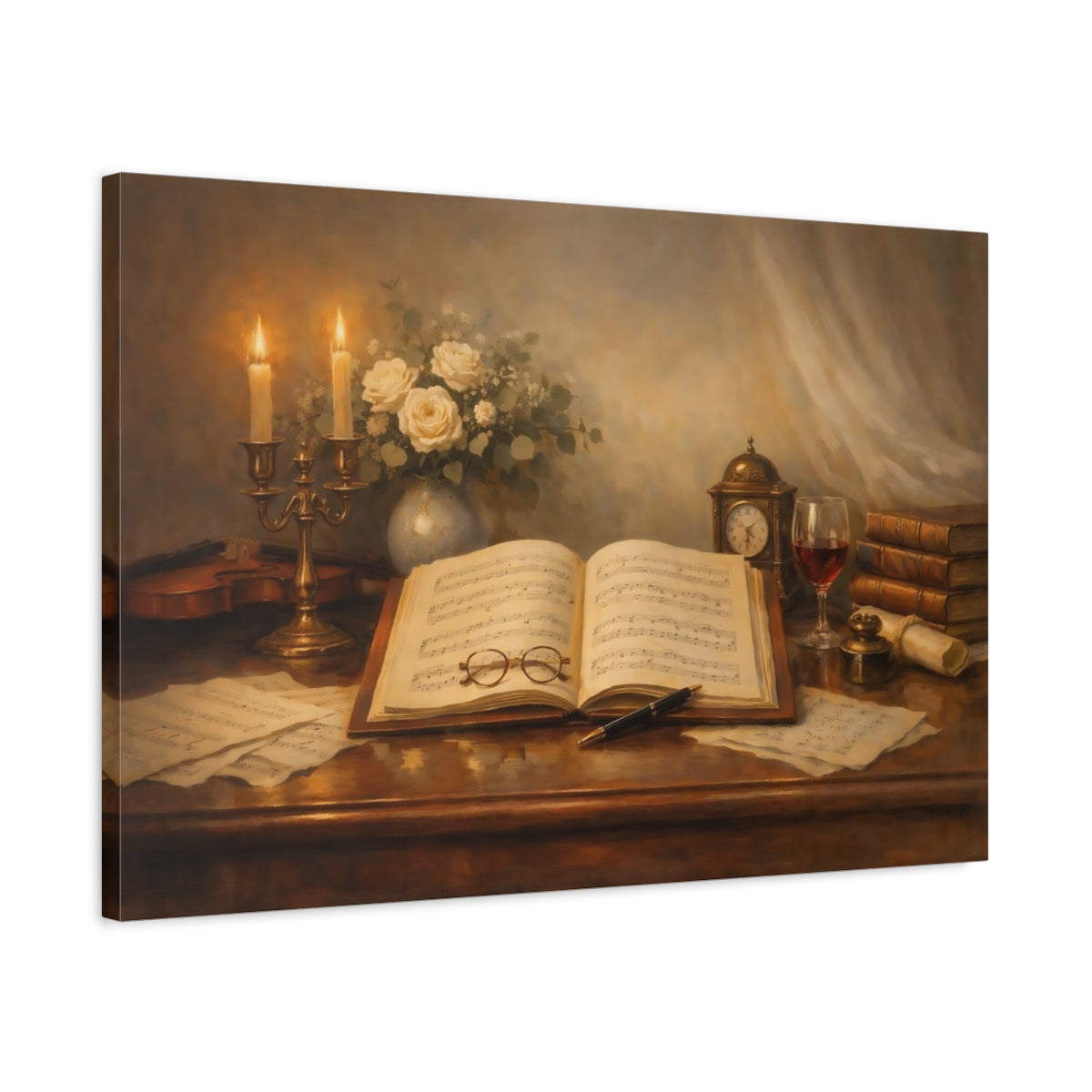 Side Mockup 2. Vintage Sheet Music Vintage Music Still Life shown as stretched canvas wall art