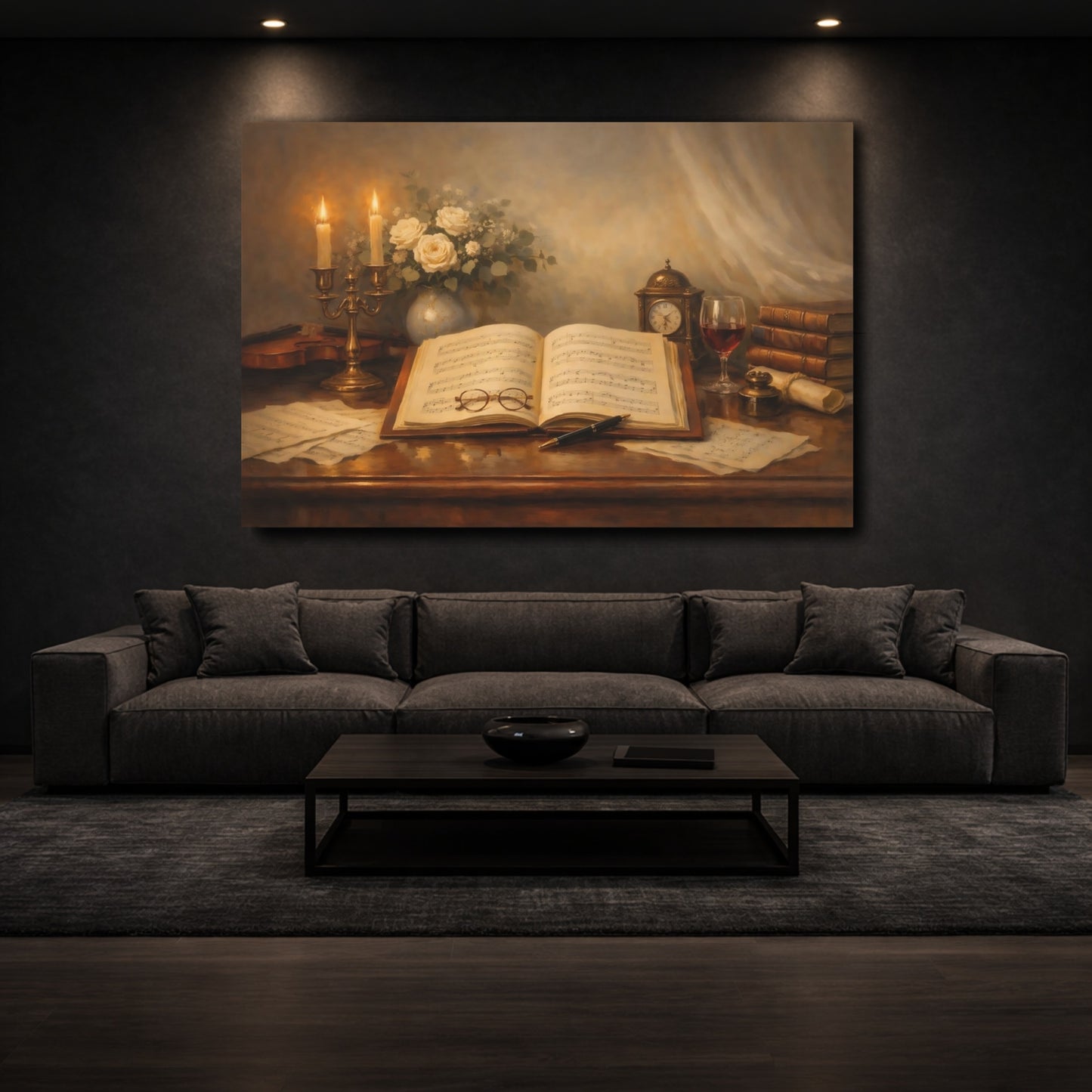 Mockup 2. Vintage Sheet Music Vintage Music Still Life shown as stretched canvas wall art