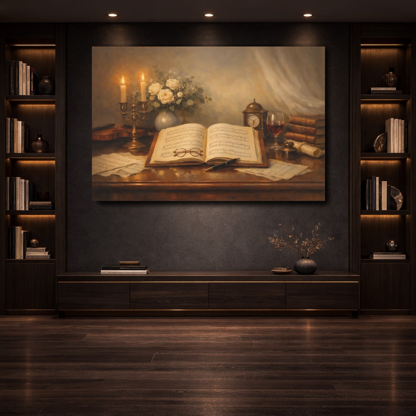 Mockup 3. Vintage Sheet Music Vintage Music Still Life shown as stretched canvas wall art