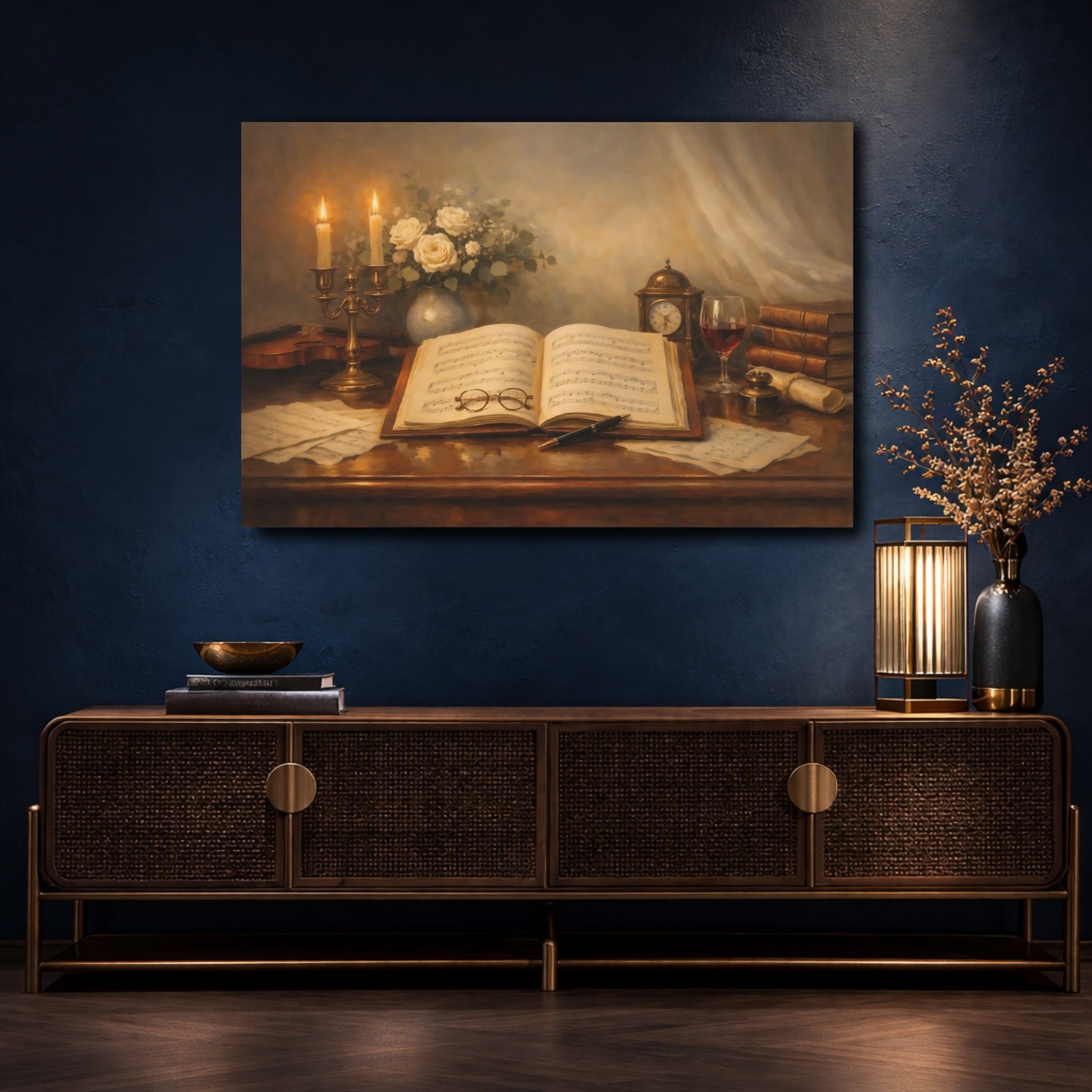 Mockup 4. Vintage Sheet Music Vintage Music Still Life shown as stretched canvas wall art