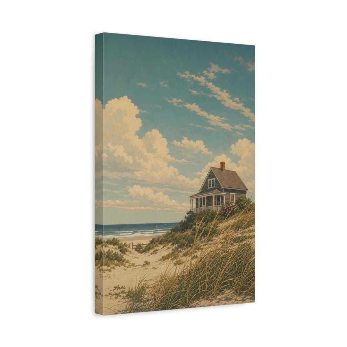 Vintage Silkscreen Nature Illustration Beach Cottage Canvas Print – Living Room, Above Couch, Blue and Beige - YesArtYes