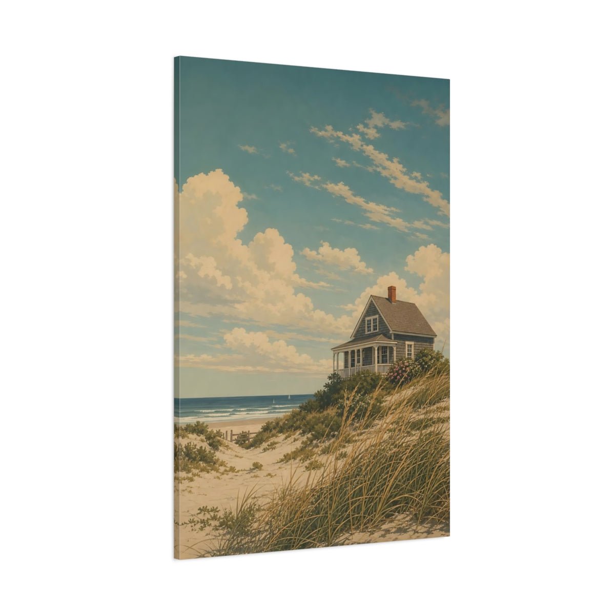 Vintage Silkscreen Nature Illustration Beach Cottage Canvas Print – Living Room, Above Couch, Blue and Beige - YesArtYes