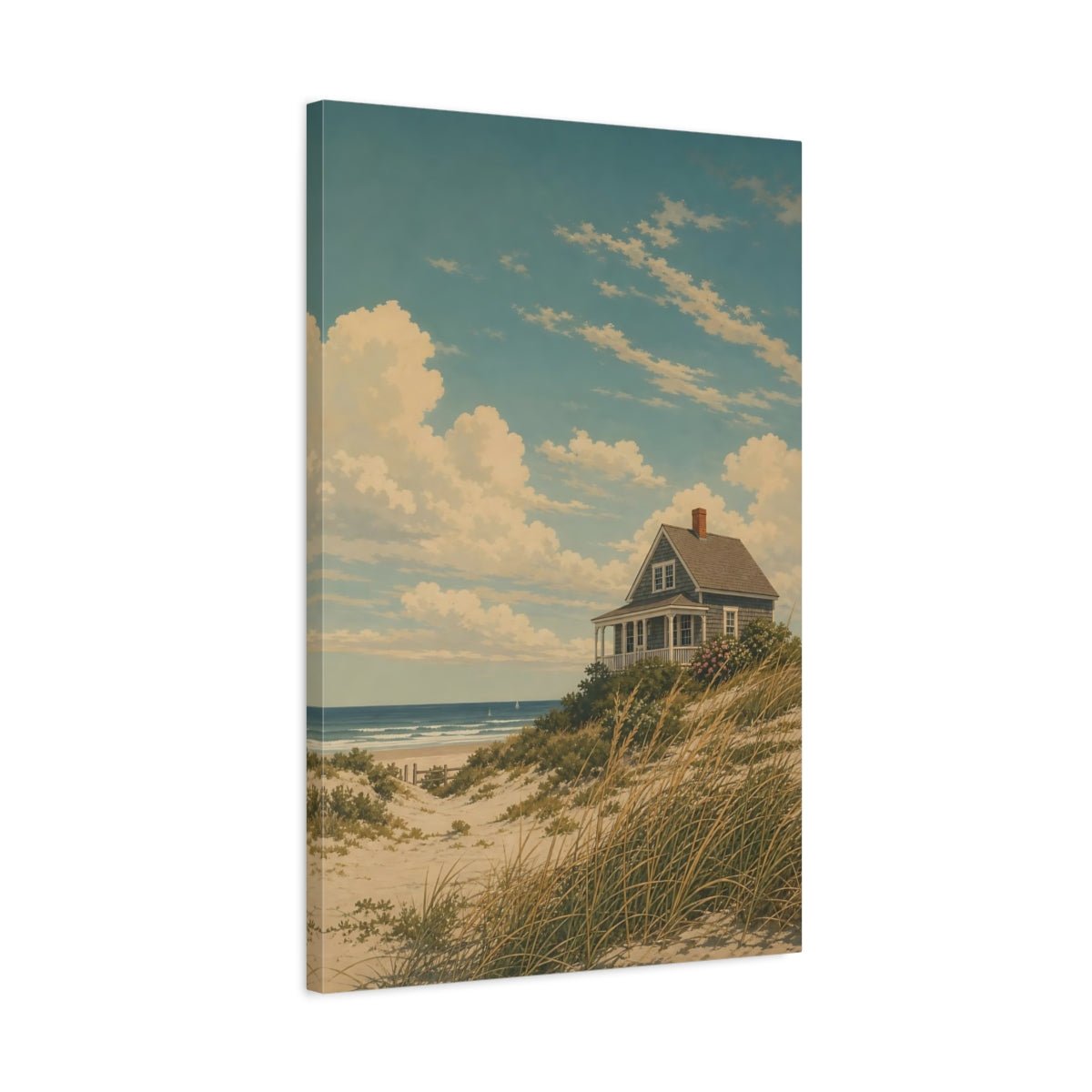 Vintage Silkscreen Nature Illustration Beach Cottage Canvas Print – Living Room, Above Couch, Blue and Beige - YesArtYes