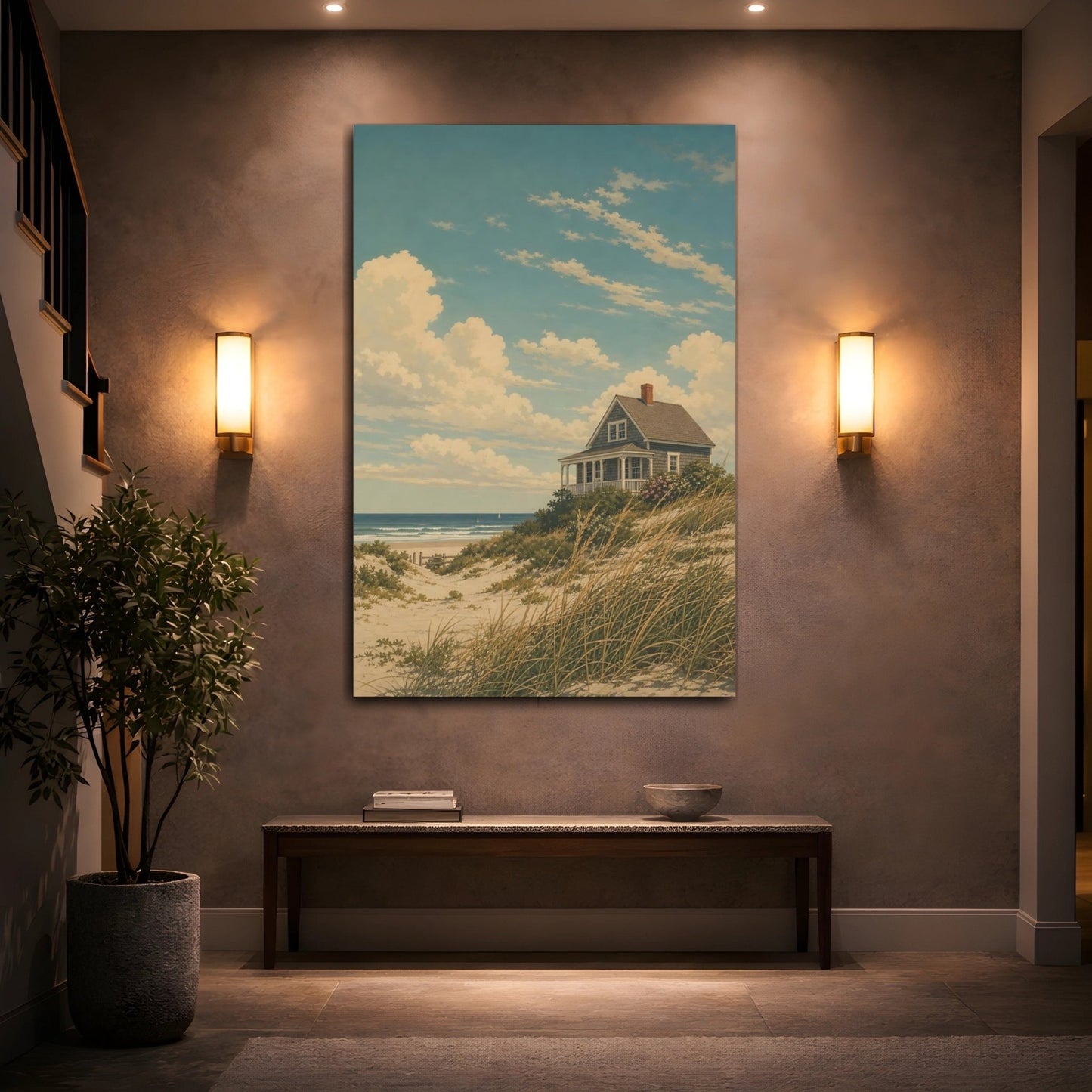 Vintage Silkscreen Nature Illustration Beach Cottage Canvas Print – Living Room, Above Couch, Blue and Beige - YesArtYes