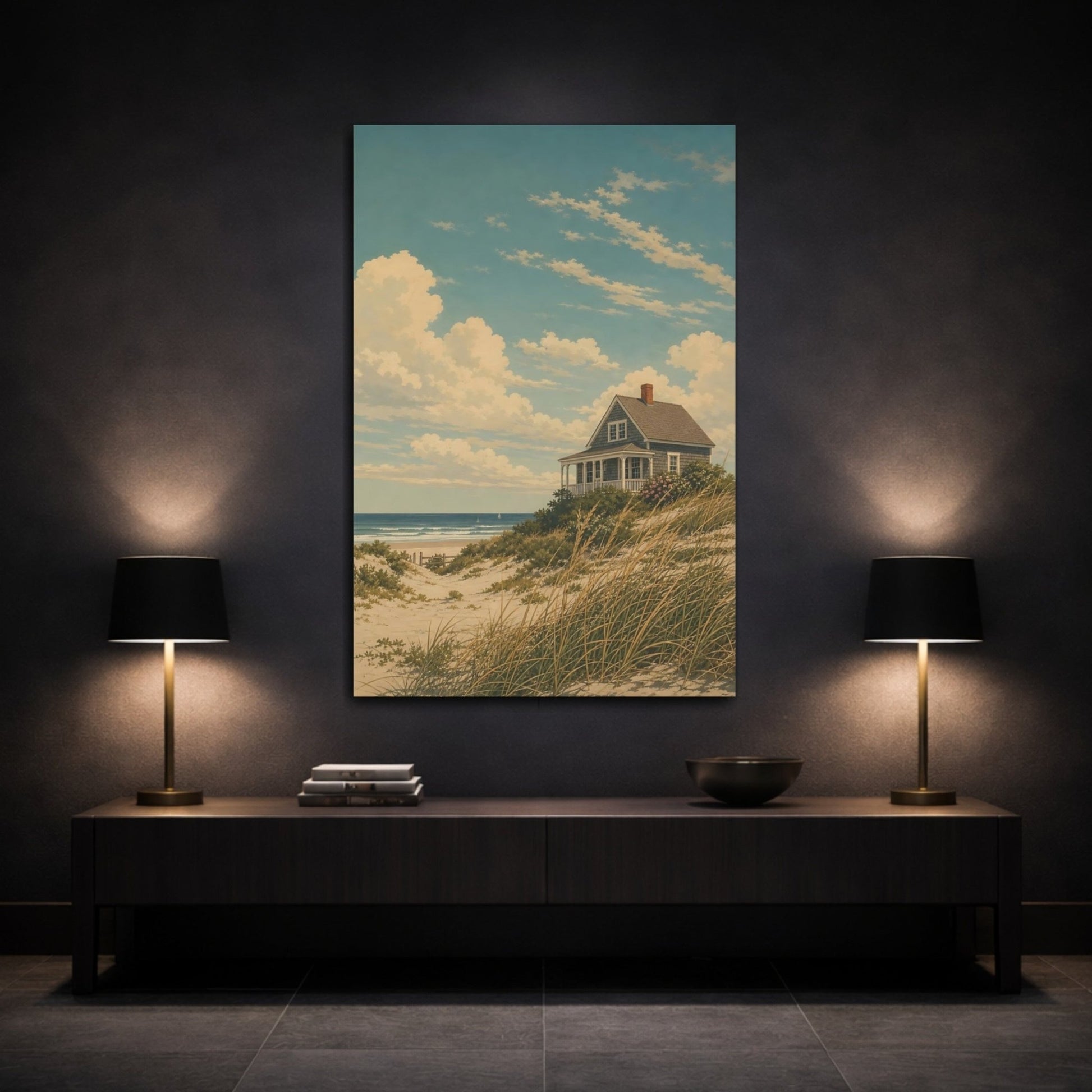 Vintage Silkscreen Nature Illustration Beach Cottage Canvas Print – Living Room, Above Couch, Blue and Beige - YesArtYes