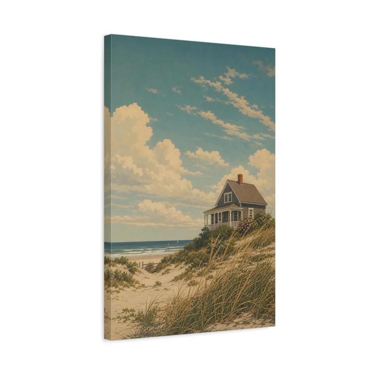 Vintage Silkscreen Nature Illustration Beach Cottage Canvas Print – Living Room, Above Couch, Blue and Beige - YesArtYes