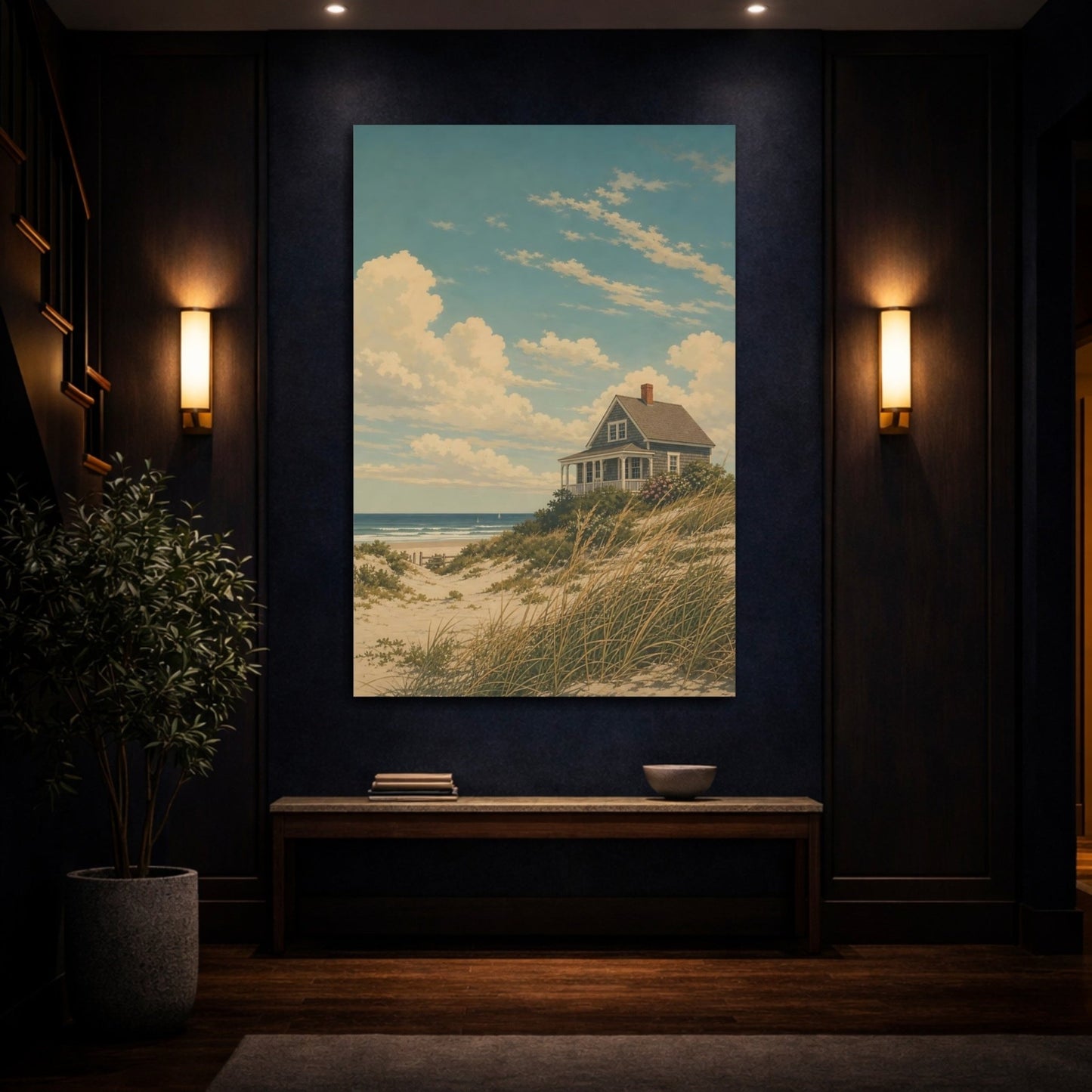 Vintage Silkscreen Nature Illustration Beach Cottage Canvas Print – Living Room, Above Couch, Blue and Beige - YesArtYes
