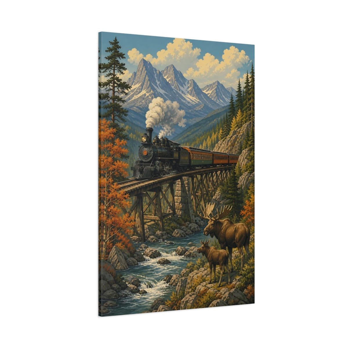 Vintage Silkscreen Nature Illustration Old Train Canvas Wall Art Print – Living Room, Large - YesArtYes