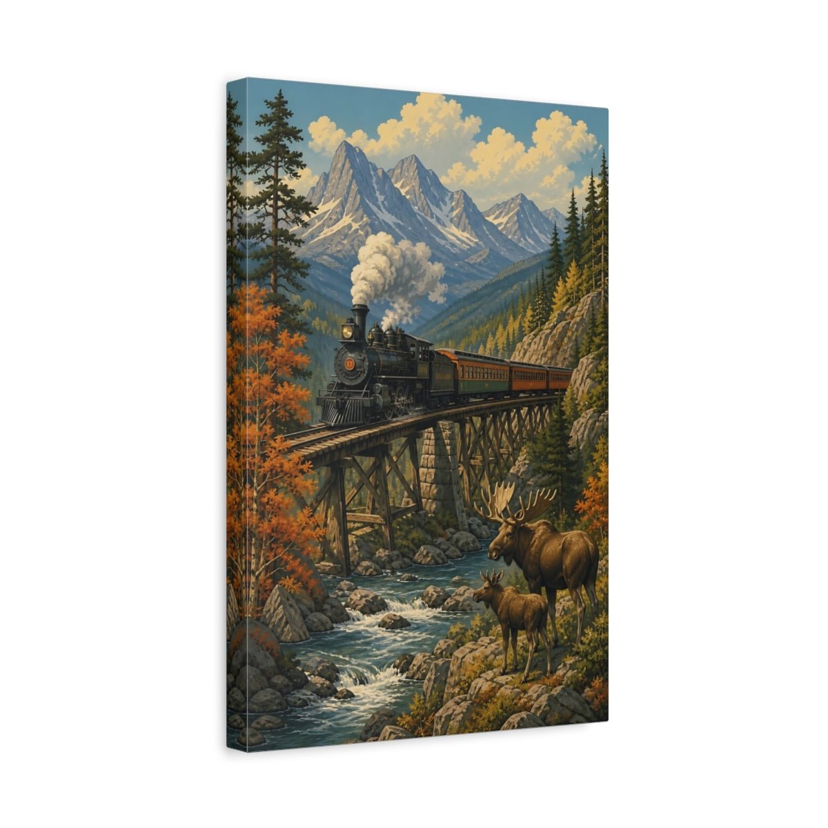 Vintage Silkscreen Nature Illustration Old Train Canvas Wall Art Print – Living Room, Large - YesArtYes