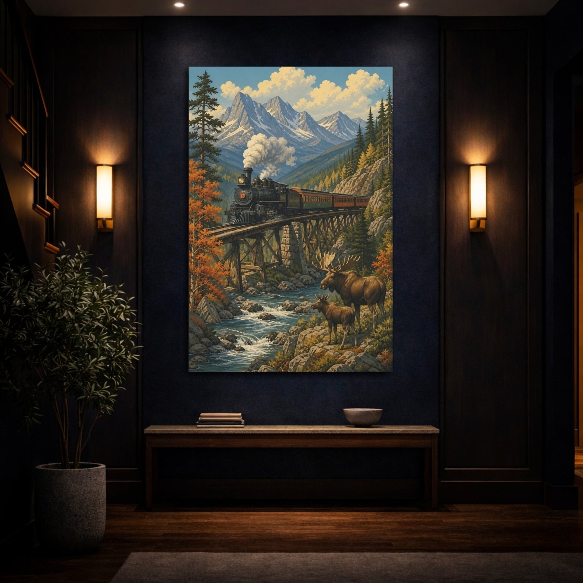 Vintage Silkscreen Nature Illustration Old Train Canvas Wall Art Print – Living Room, Large - YesArtYes