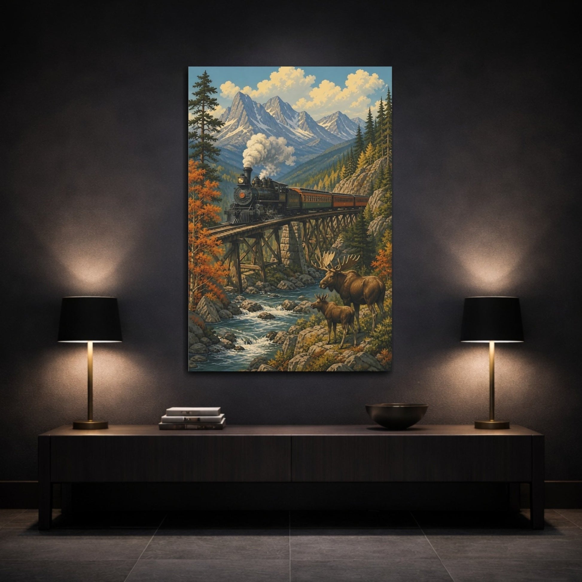 Vintage Silkscreen Nature Illustration Old Train Canvas Wall Art Print – Living Room, Large - YesArtYes