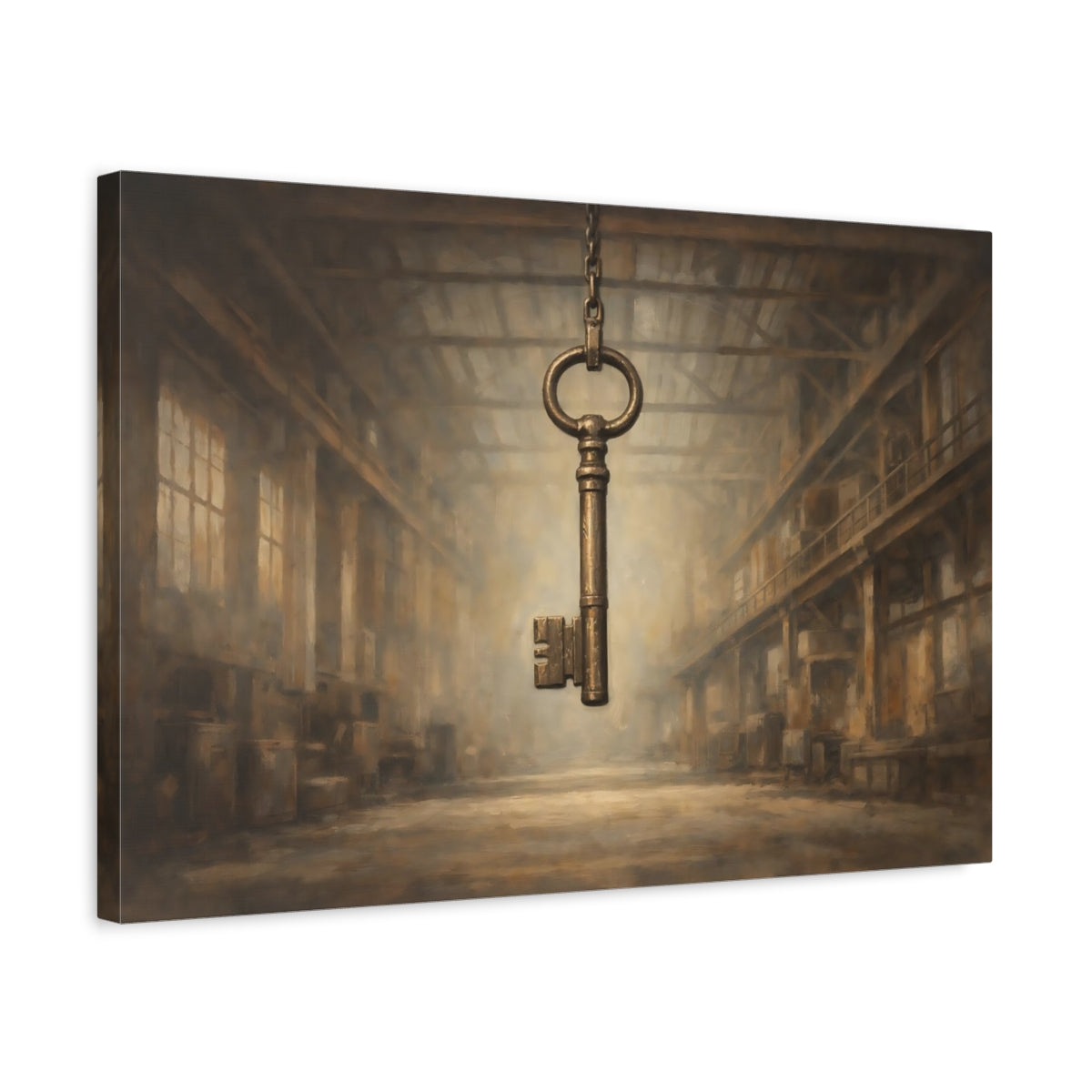 Side Mockup 3. Vintage Skeleton Key Brown And Gold shown as stretched canvas wall art