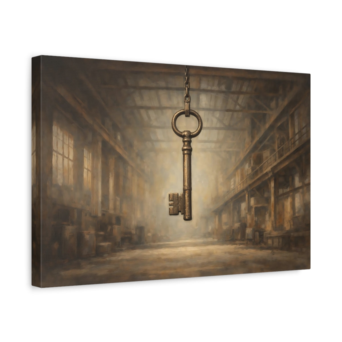 Side Mockup 4. Vintage Skeleton Key Brown And Gold shown as stretched canvas wall art