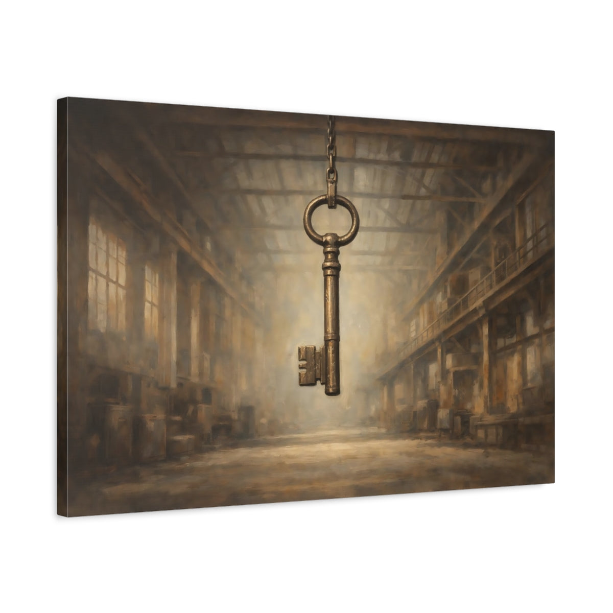 Side Mockup 2. Vintage Skeleton Key Brown And Gold shown as stretched canvas wall art